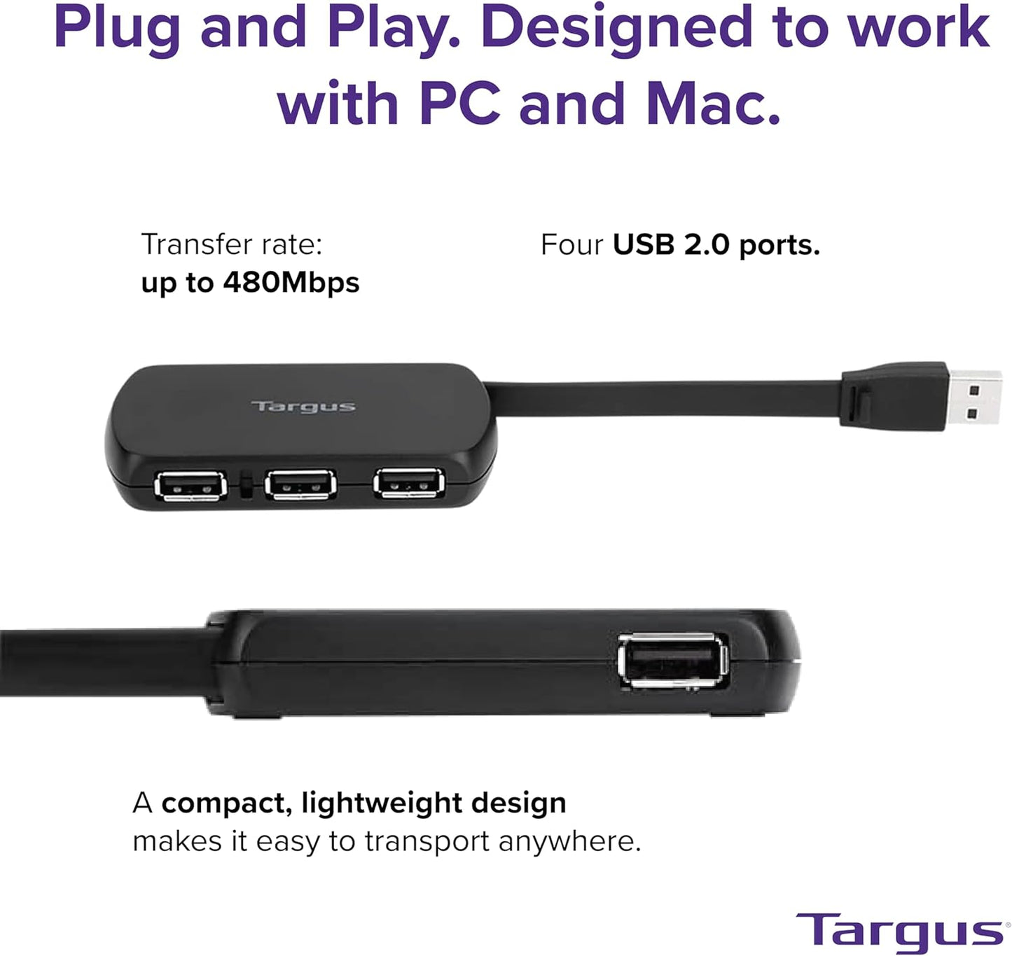 Targus 4-Port 2.0 (ACH114US) USB Hub, Black - Compatible with PC and Mac, Sleek and Travel Friendly