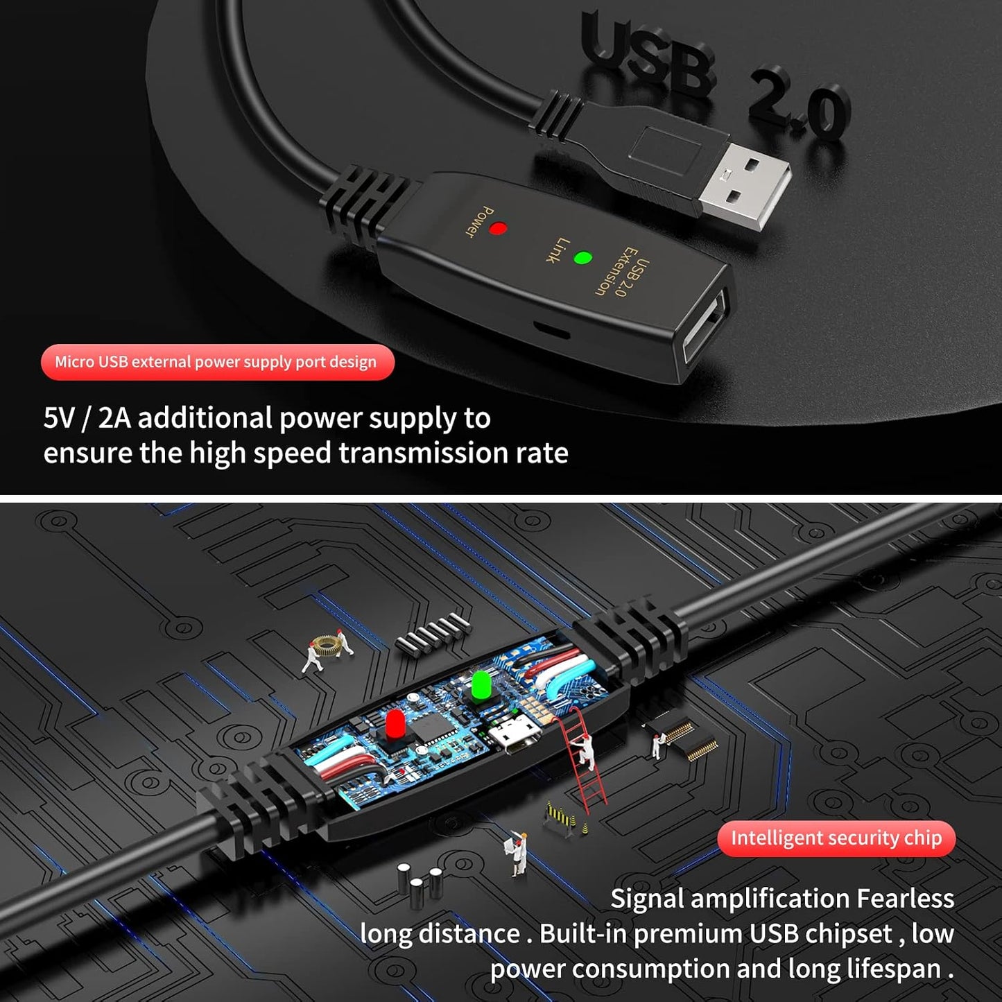 LDKCOK 50FT 2.0 chipset Active USB Extension Cable Male to Female with A Extension Signal Booster - Active