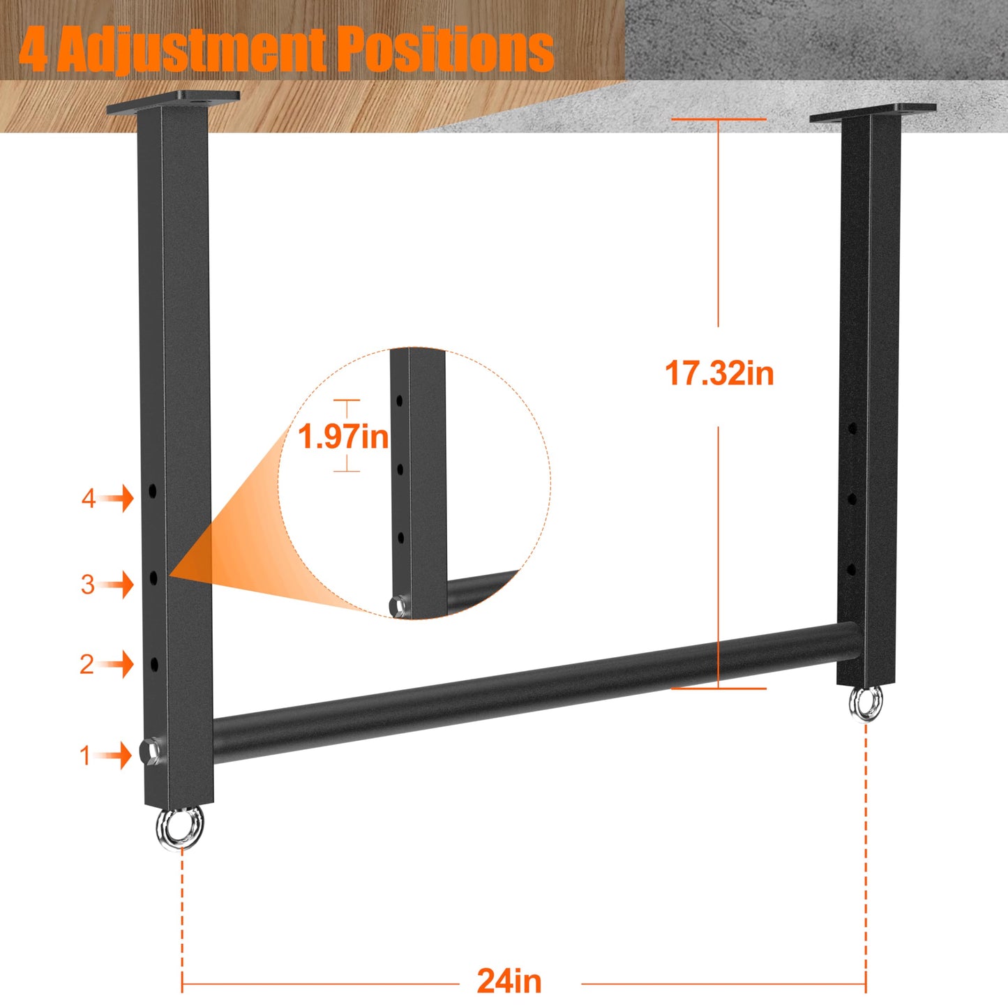 HWOOUSA Ceiling Mounted Pull Up Bar, 700 LBS Heavy Duty 4 Adjustable Pull Up Bar, 24" Rafter Pull Up Bars, Ceiling Joist for Garage/Gym/Basement with Comfortable Grip & Round Anchors