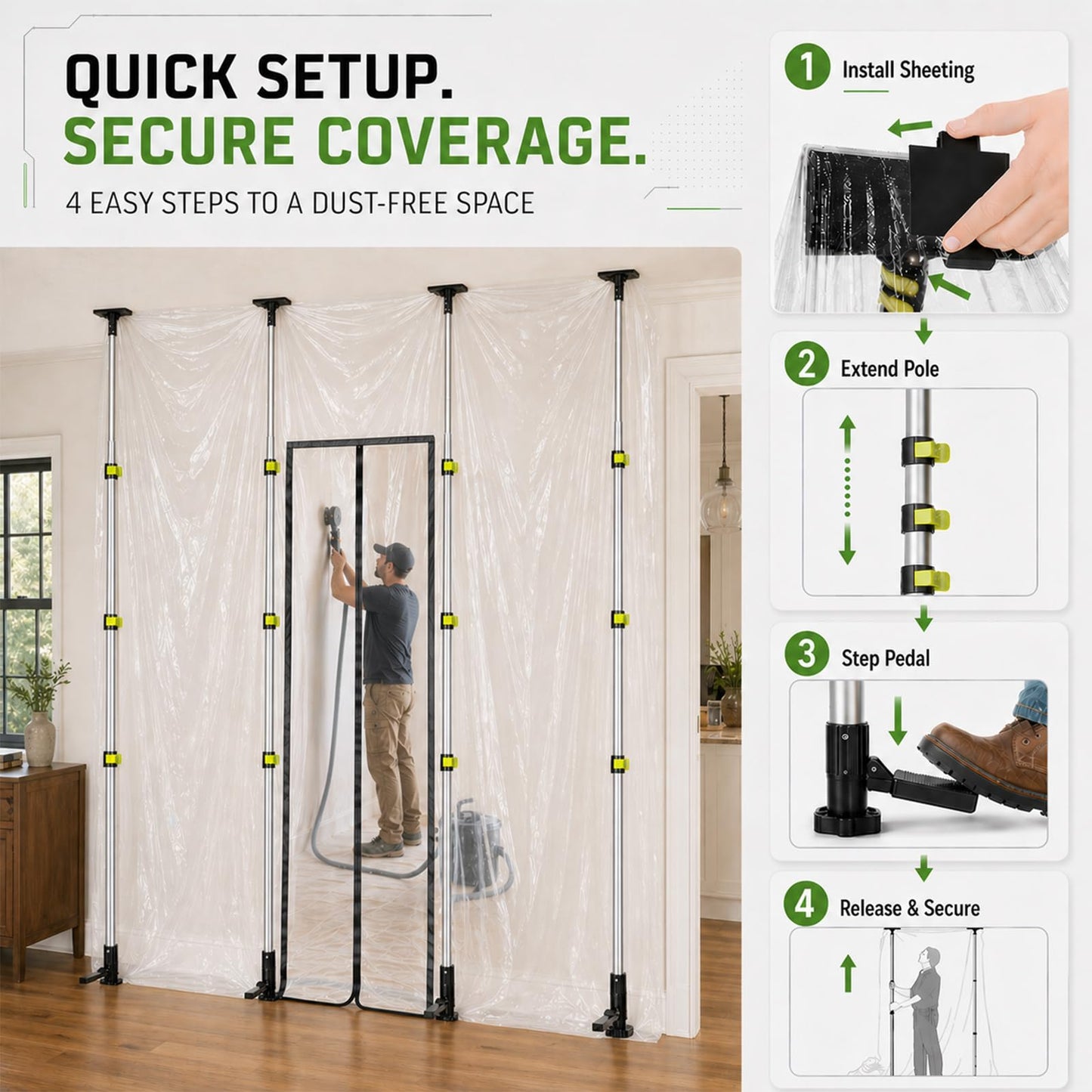 10FT Dust Barrier Poles, Foot-Pedal Spring-Release, 4-Pack Lightweight Aluminum Zipper Wall Telescoping Poles for Temporary Dust Barrier System, Construction & Home Renovation, with Carry Bag