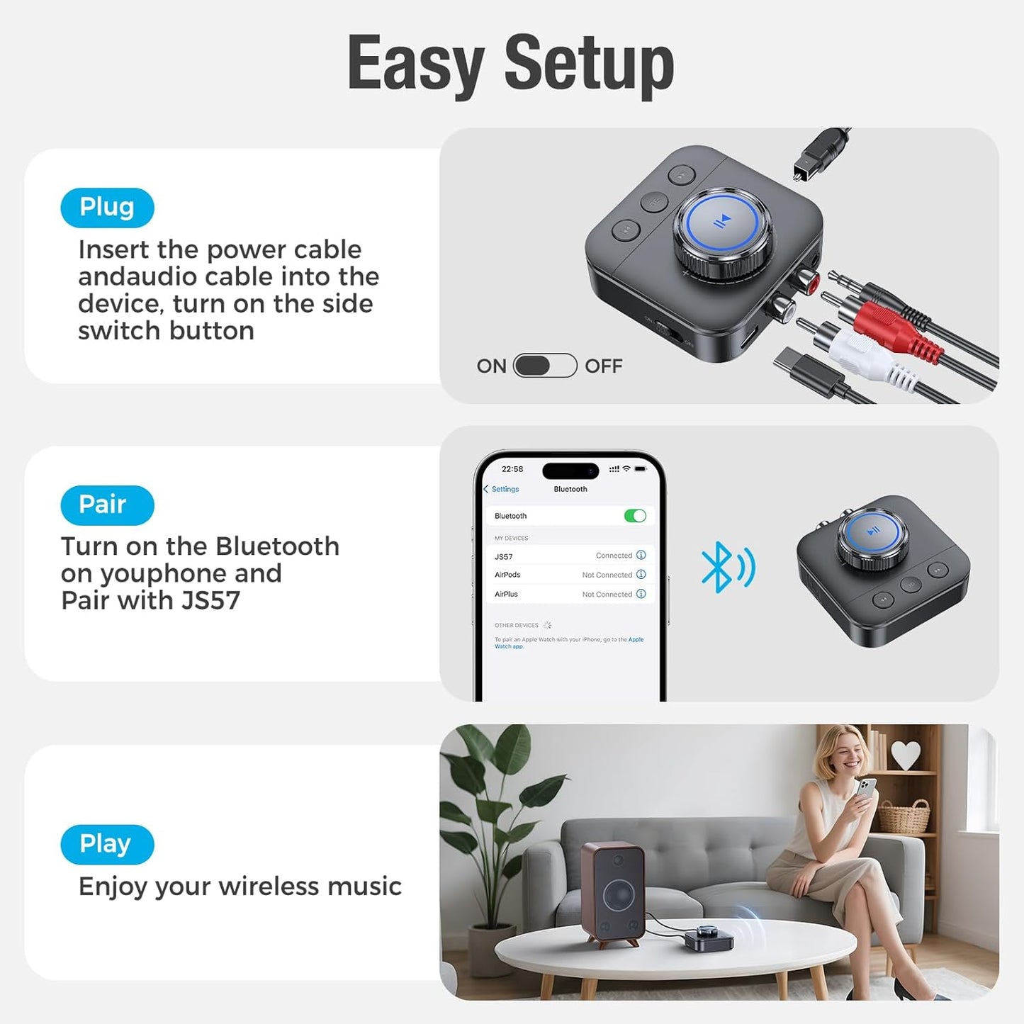 QwickZen 5.3 3D 3.5mm, Bluetooth Receiver for Home Stereo, RCA Bluetooth Adapter for Surround, Support Optical, AUX RCA