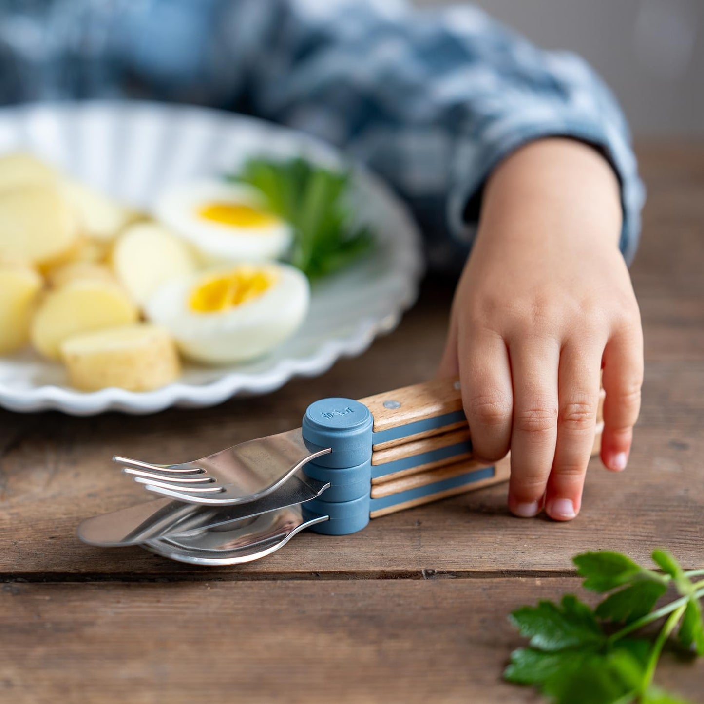 Opinel Le Petit Gourmet – 3 Piece Children’s Cutlery Set, Rounded Dull Knife, Spoon, Fork, Supports Independence at Every Meal, Montessori Tools Made in France (Rain Blue)