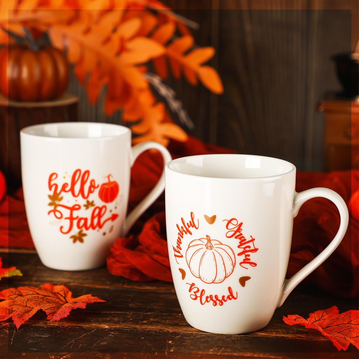 Funtery 4 Pcs Thanksgiving Coffee Mugs Fall Mugs Autumn Pumpkins Cups Happy Fall Y'all Coffee Mug Good Morning Pumpkin Cup Camp Mug Campfire Mug Ceramic Cup for Home Women Men Mom Dad (Orange,White)