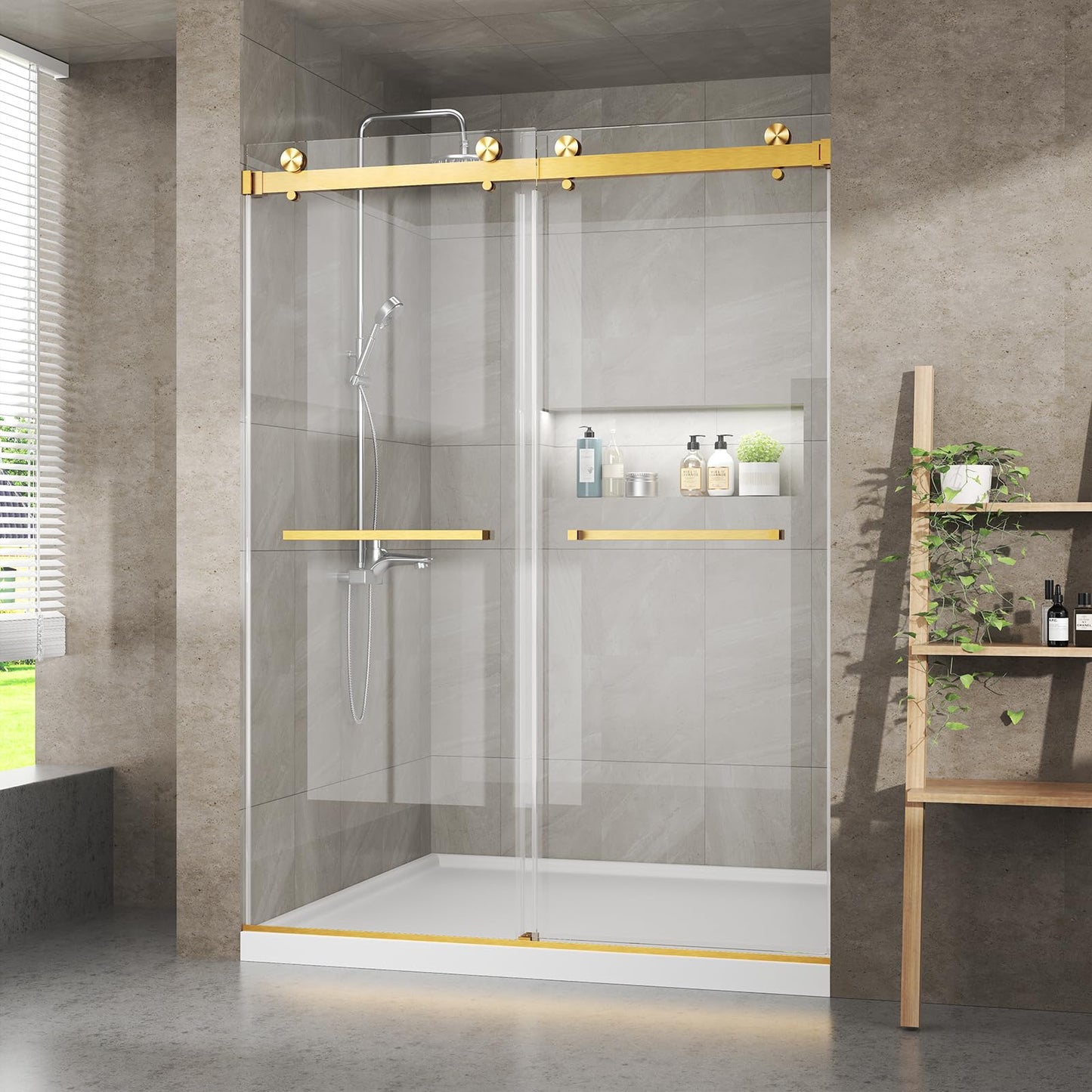 56"-60" W x 76" H Frameless Shower Door, 3/8" (10mm) ANSI Certified Tempered Glass, Double Sliding Bypass, Stainless Steel, Brushed Gold