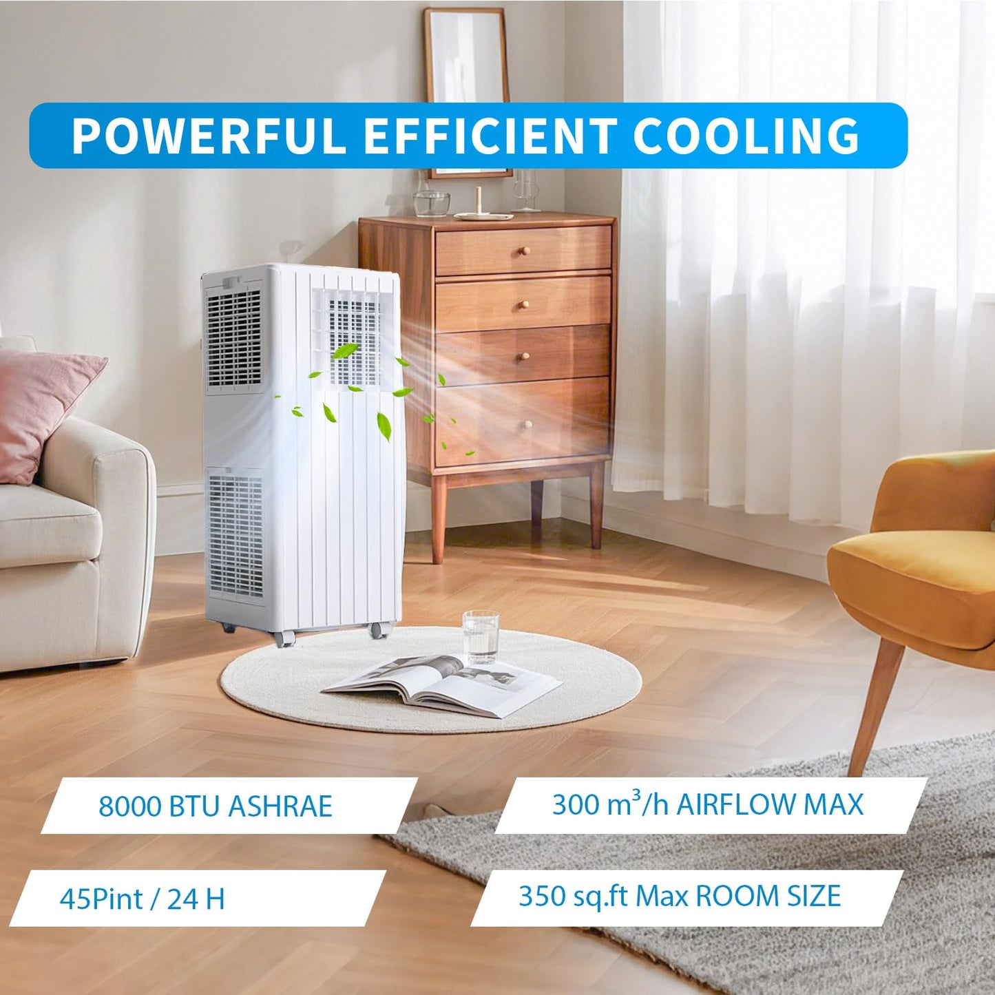 Portable Air Conditioners, Cool up to 350 Sq. Ft, 8,000 BTU 3-in-1 Movable AC for Bedroom with Dehumidifier, Fan, Sleep Mode, 24H Timer, Remote Control, and Window Installation Kit Included