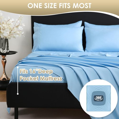 CozySmile Luxury Silky Soft Bed Sheet Set - 6 Piece Full Size | 16 Inch Deep Pocket, Wrinkle-Free & Cooling, Sky Blue