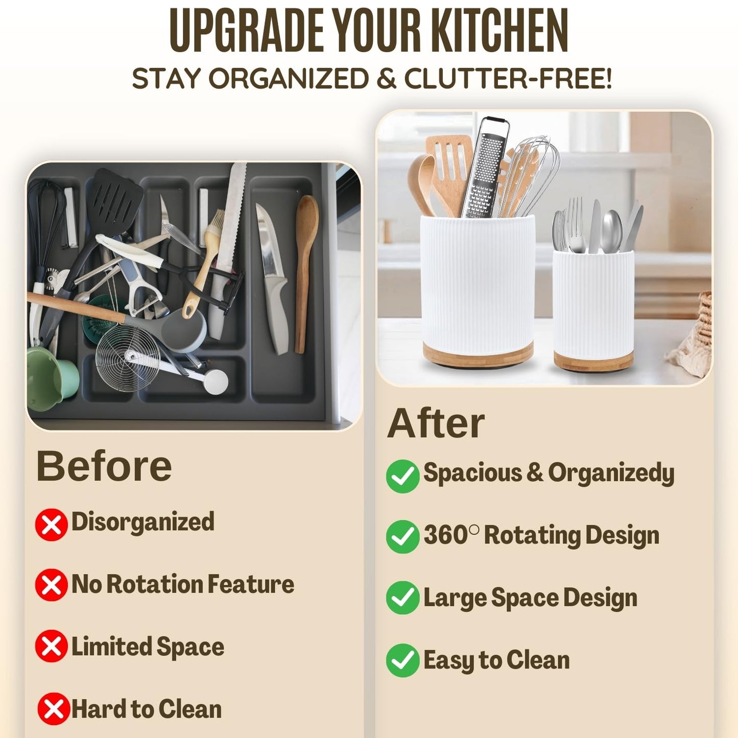 NURTURE KNOTS 2 Pack Ceramic Utensil Holder, 7.3"+5.4" Large kitchen utensils holder for Countertop, 360° Rotating Cooking Utensil Crock for Kitchen Counter with Detachable Wooden Base, Kitchen Décor