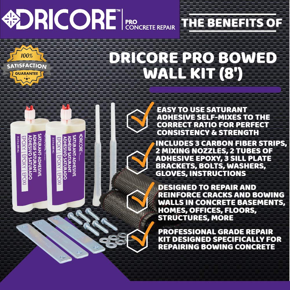 DRICORE PRO Concrete Repair Foundation Wall Repair Kit, 8' | Best Eight Foot All in One Epoxy and Carbon Fiber Pack for Reinforcing Bowing Foundations, Walls, Basements, Cement, Crawlspace, and More