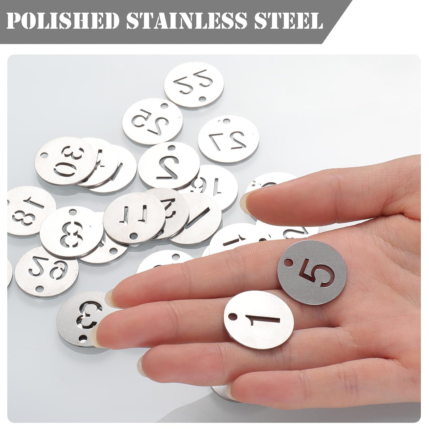 CenterZ Number Tags, Polished Stainless Steel 1 to 10 Numbered Key Tags with 10pcs Metal Split Ring (0.91 inch Diameter 0.04 inch Thick, Lightweight Hollow Numbers Round Keys ID Tag, Key Chain Labels)
