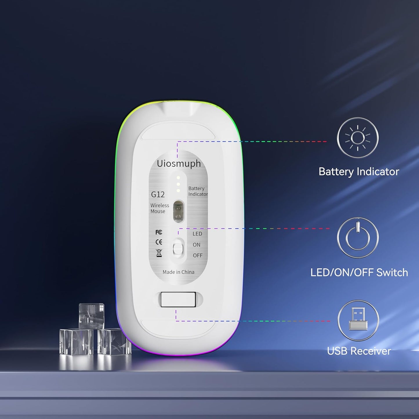 Uiosmuph G12 2.4G LED Wireless Mouse, Slim Rechargeable Silent Mouse, Portable USB Optical Wireless Computer Mice