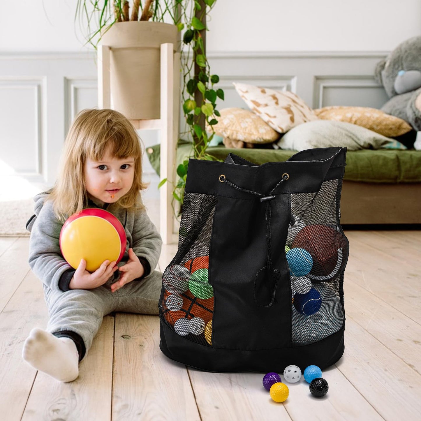 Nagpew Large Ball Bag, Mesh Sport Bag with Adjustable Double Strap, Drawstring, Heavy-duty Soccer Organizer Beach Toy Storage for Football, Basketball, Volleyball, Training