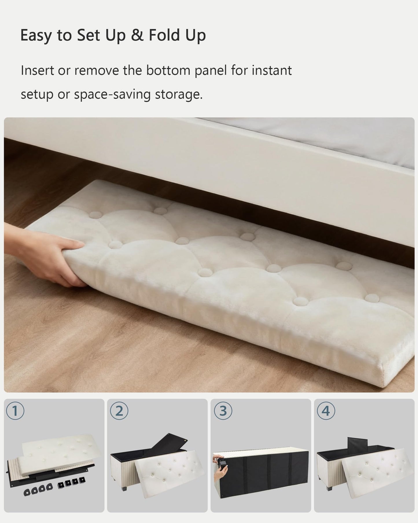 LITZFUR Storage Ottoman Bench, 43 Inch Foldable Ottoman with Legs, Velvet Foot Rest Stool, End of Bed Bench, Storage Chest for Living Room, Bedroom (Beige)