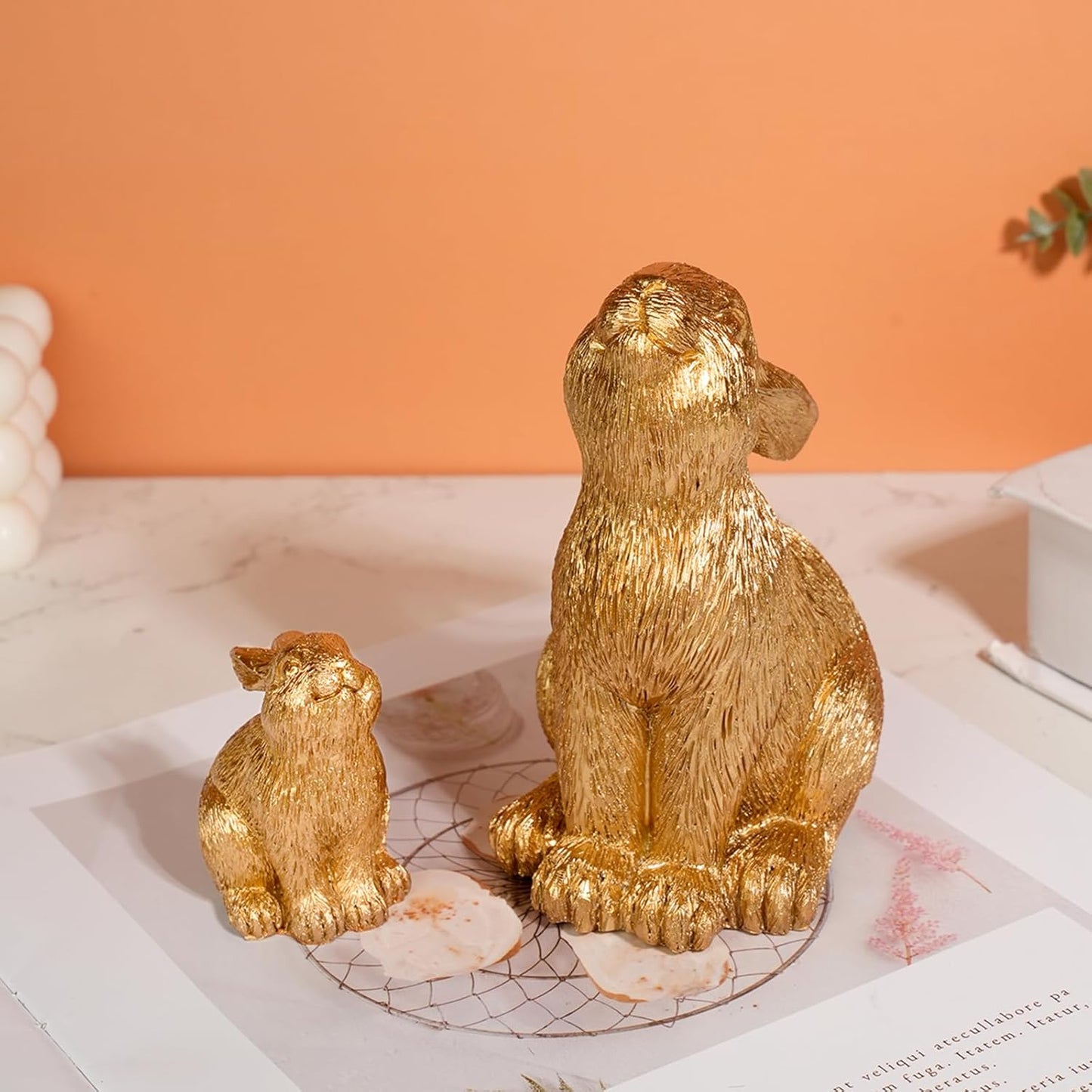 Regine Switzerland Easter Rabbit Resin Statues - Charming Outdoor Patio Decor | 2-Piece Set in Gold