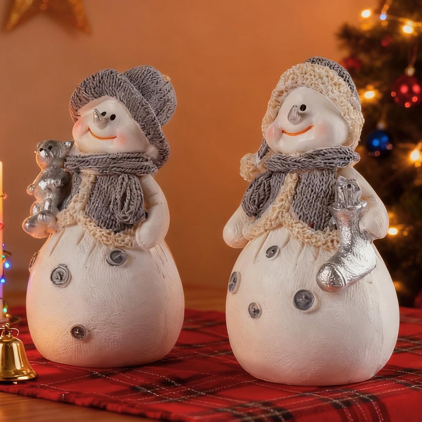 Skiennix 2-Piece Snowman Figurines - Charming Christmas Decorations for Winter Table Centerpieces