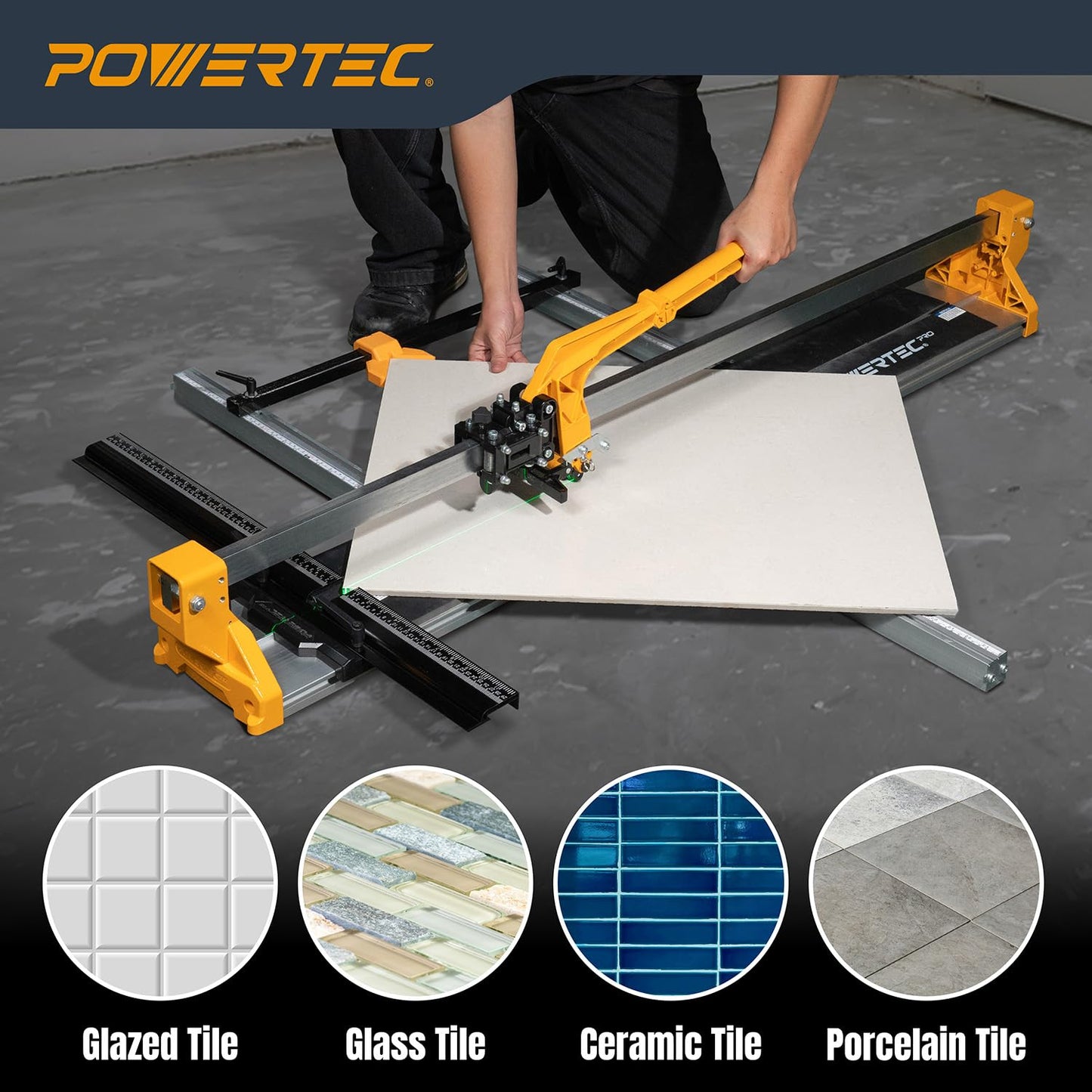 POWERTEC PRO 48" Manual Tile Cutter with Green Laser Guide - Cuts Ceramic, Porcelain & Glass, Large Format Tile Cutting, Aluminum Base (71980)