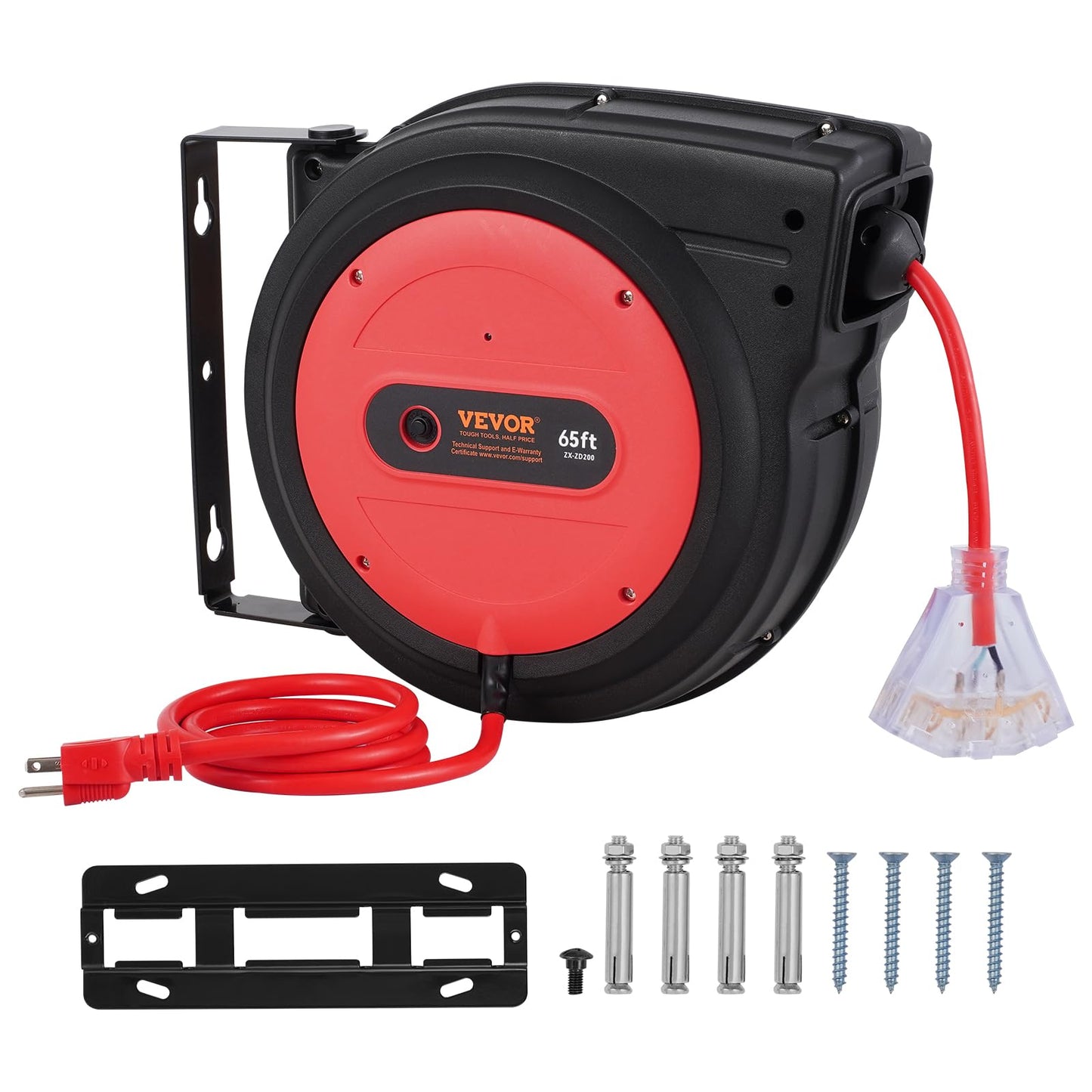 VEVOR Retractable Extension Cord Reel, 65 FT, Heavy Duty 12AWG/3C SJTOW Retractable Power Cord with Lighted Triple Tap Outlet, 15 Amp Circuit Breaker 180° Swivel Bracket for Ceiling or Wall Mount