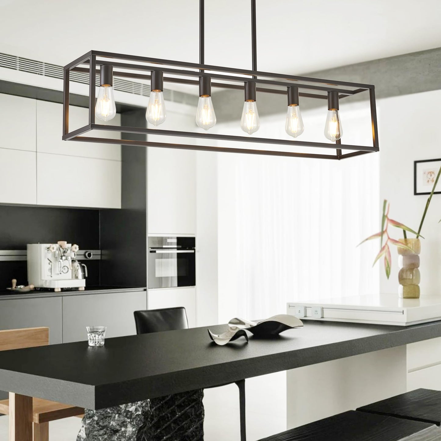HQZBPT Dining Room Light Fixture, Kitchen Fixture Lights Pendant Lights Kitchen Island Oil Rubbed Bronze 6-Light Industrial Pendant Lighting for Kitchen Island