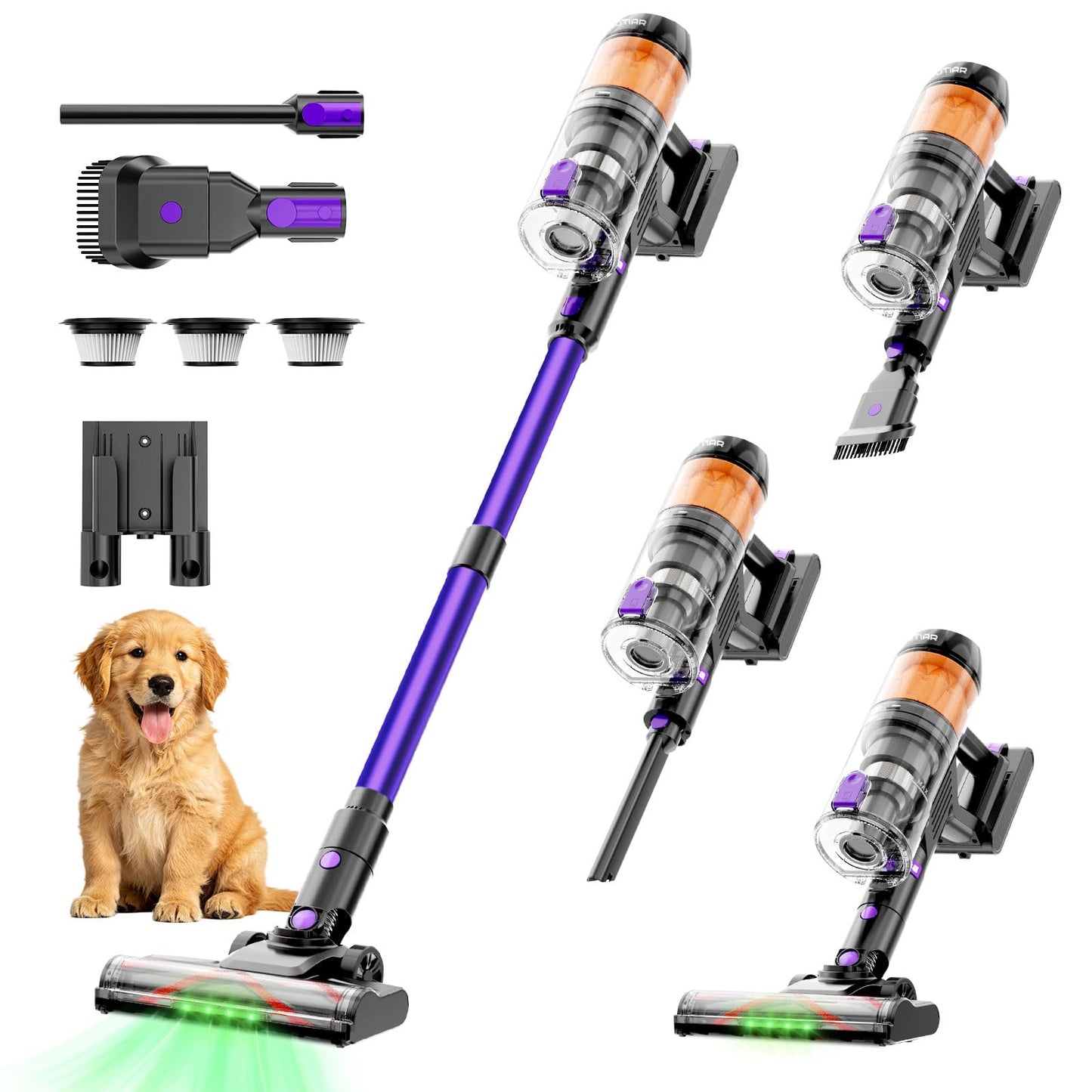 COTIAR Cordless Vacuum Cleaner, 500W 40KPa 60Mins Vacuum Cleaners for Home, Wireless Vacumm Anti-Tangle Rechargeable Vacuum with Green Light for Pet Hair/Carpet/Hardwood Floor, Purple