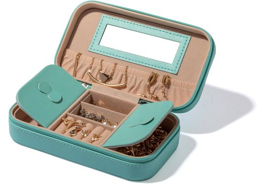 BINO Jewelry Case - Portable Compact Organizer with Mirror for Earrings, Rings & Necklaces | Aqua