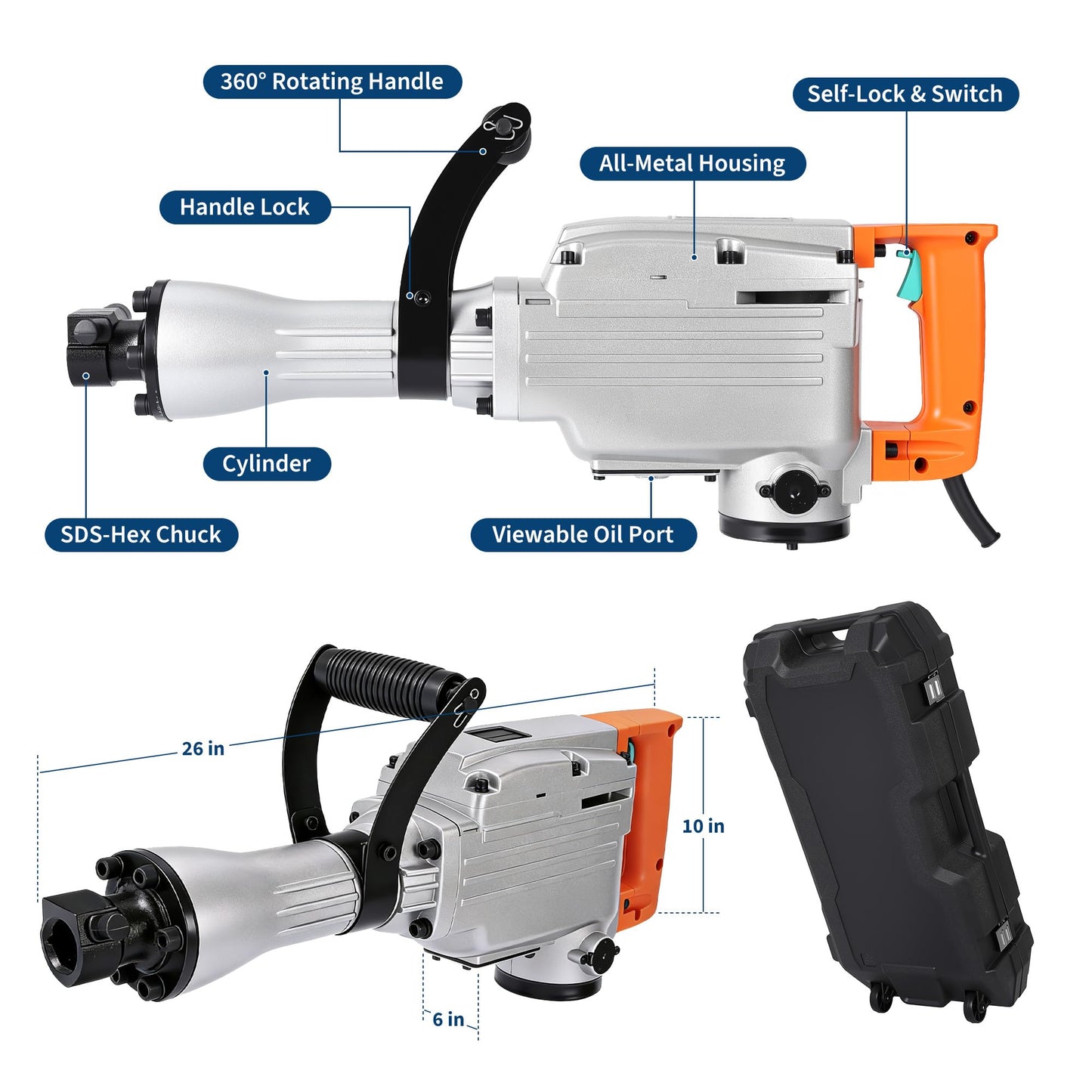 Garvee Electric Demolition Jack Hammer, 1500W Jackhammer Demolition Hammer, 1800 BPM Jackhammer Concrete Breaker with 360° Adjustable Handle, Anti-Vibration System, Complete Kit with Carrying Case