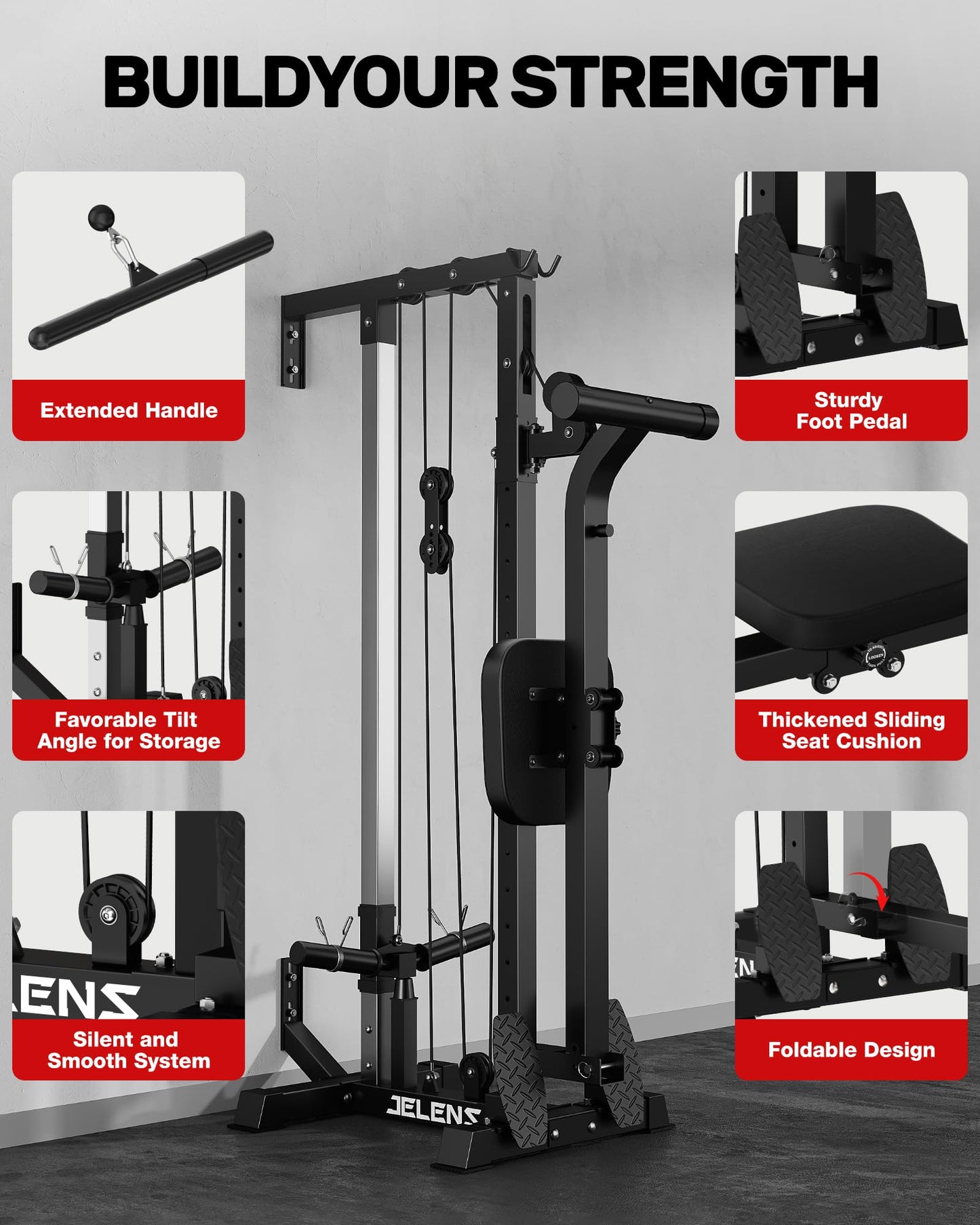 JELENS RC01 Foldable LAT Pulldown Machine with Adjustable seat, Wall Mount Cable Station with 16 Adjustable Positions, Cable Machine Home Gym 2 in 1 (Black, Classical)