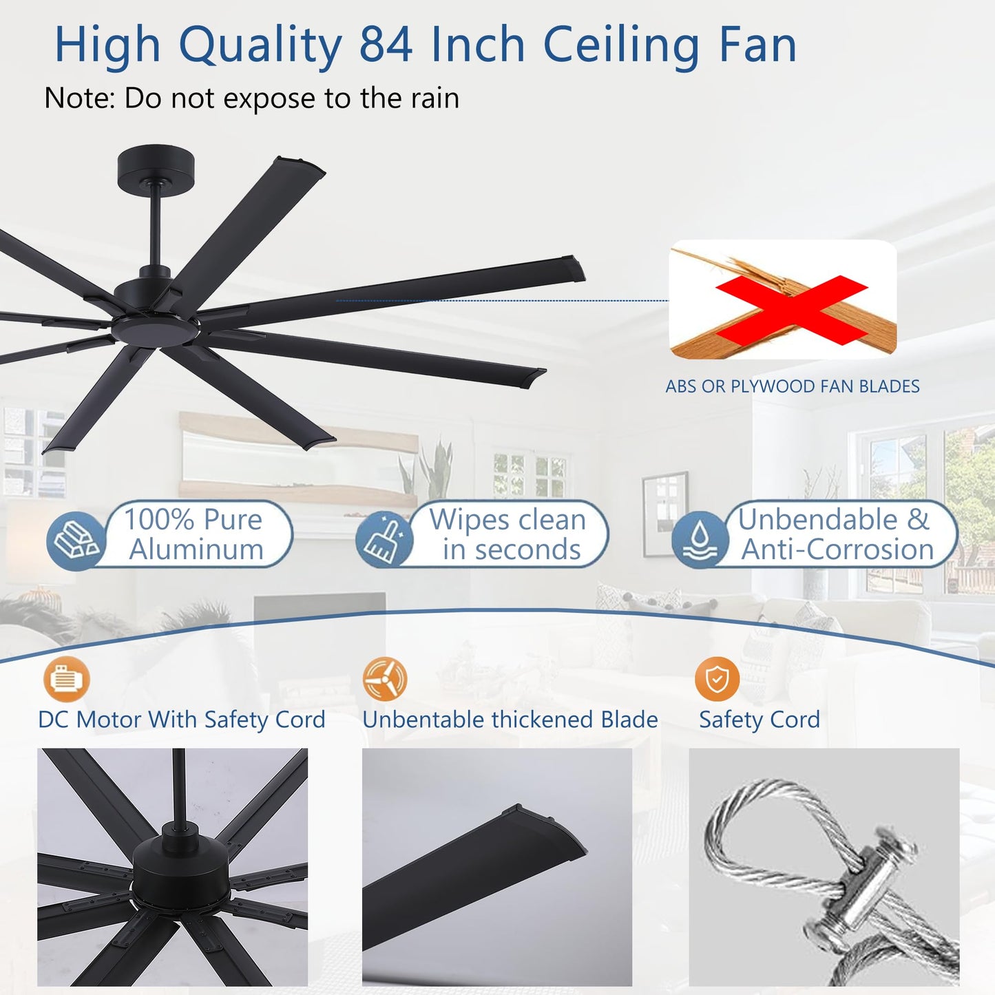 FUMLTP 84 inch Large Ceiling Fans No Lights with Remote Control,Black Modern Industrial Ceiling Fan for Garage Living Room Patio Farmhouse, 6 Speed Reversible Quiet DC Motor, Timer, 8 Blades.