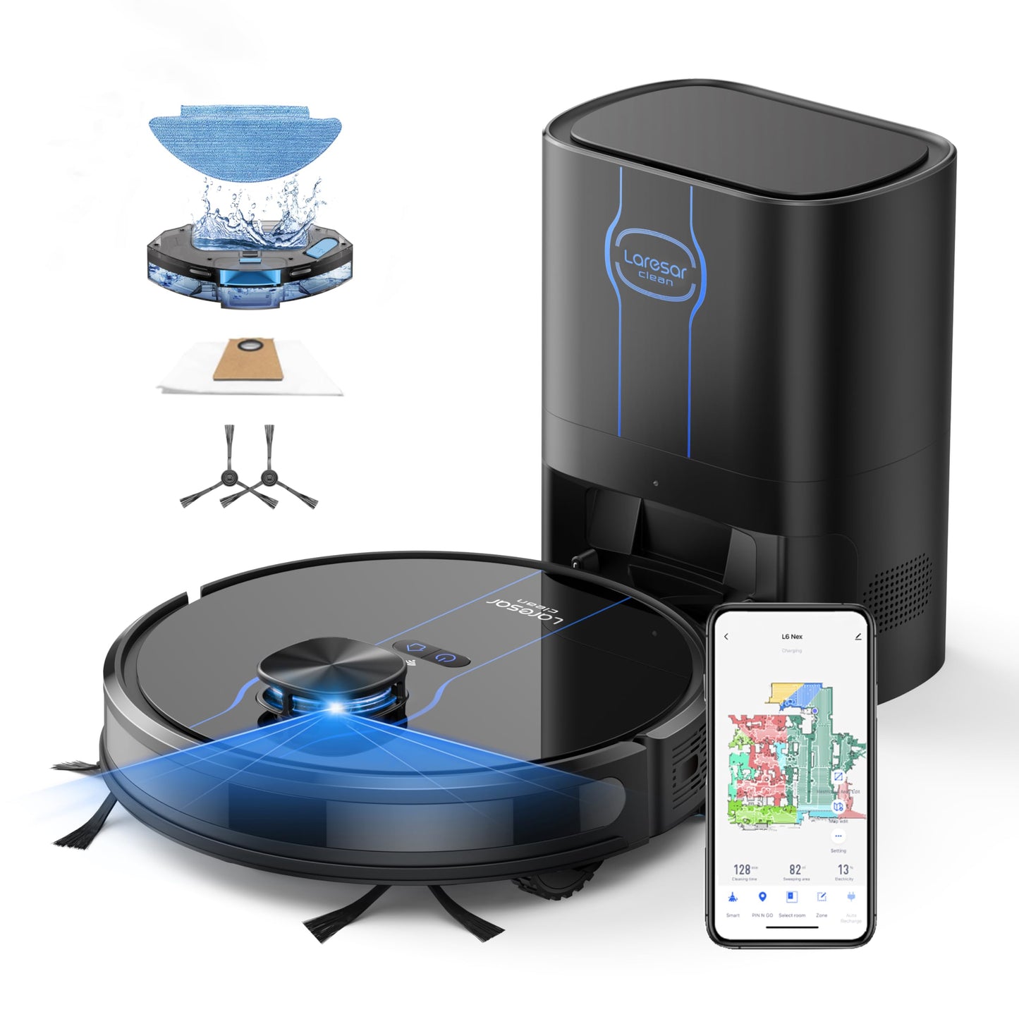 Laresar Clean Robot Vacuum and Mop, 8000Pa Robotic Vacuum with Self-Emptying Base, Lidar Navigation, Smart Mapping, 60 Days Capacity, 180mins Runtime, Ideal for Pet Hair, Hard Floor, Carpets