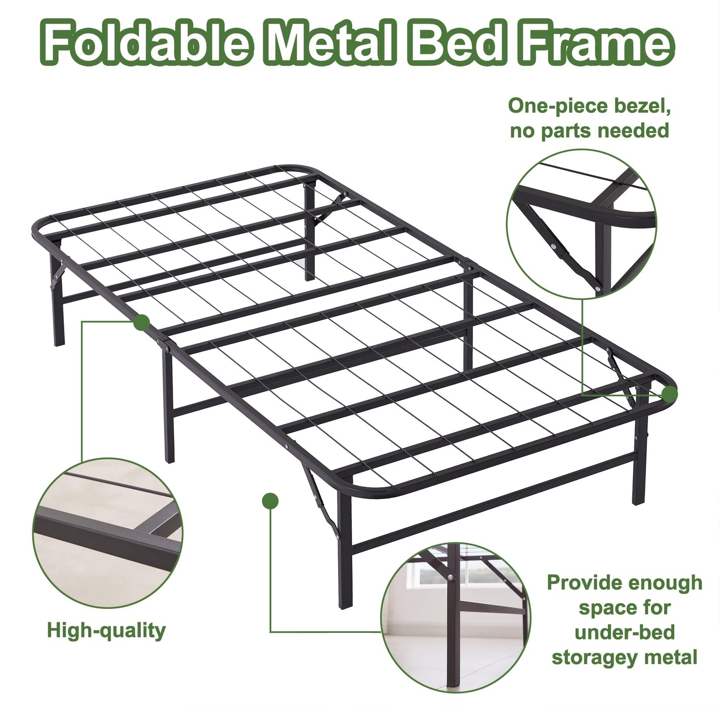 VECELO No Tools Required Metal Folding Bed Frame - 14 Inch Heavy Duty Platform Base, 660lbs Max Support, Twin Size Jet Black, Ideal for Small Apartments & Guest Rooms