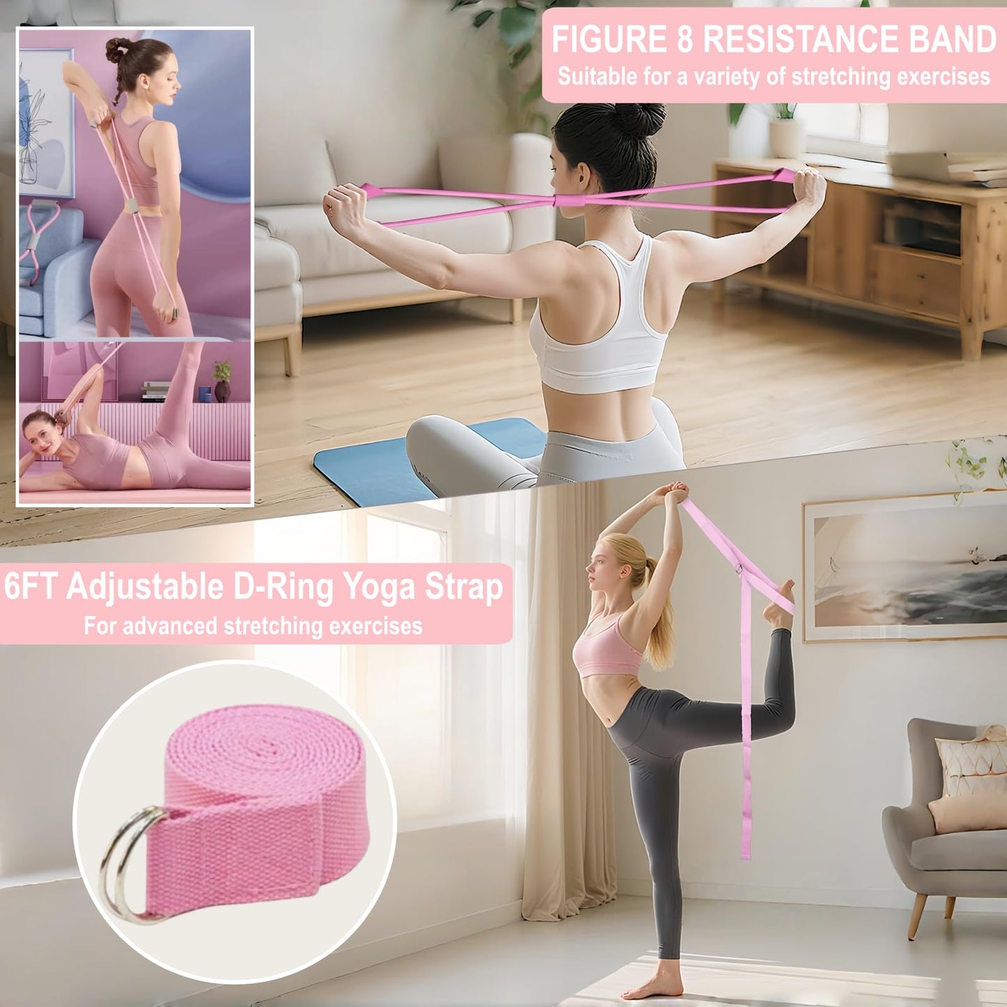 Pilates Equipment, Pilates Kit for Home Workouts, Pilates Essentials Kit for Women, Home Pilates Kit with Pilates Ring and Ball Set, Booty Bands, Figure 8 Resistance Band, Yoga Band (Pink for Mother)