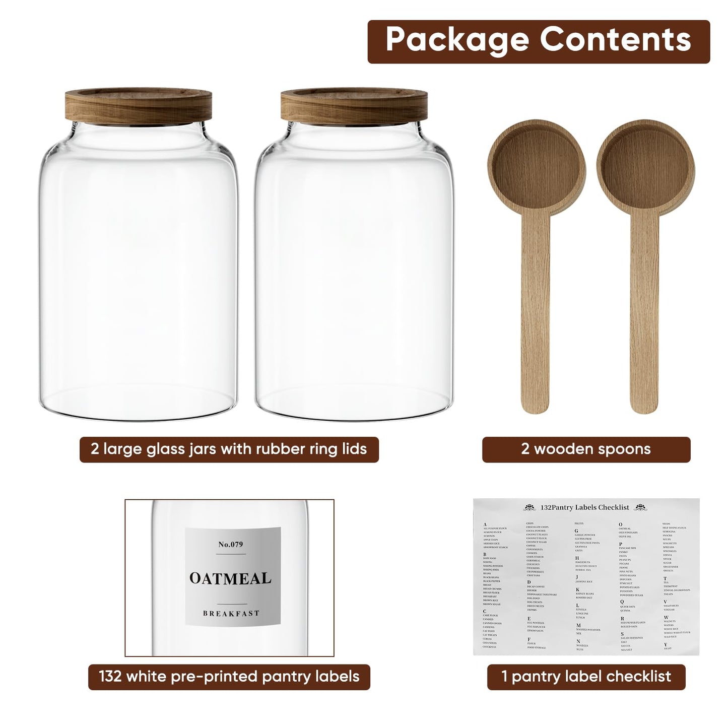2 PCS Flour Sugar Storage Containers Glass, Large Glass Food Storage Jars with Wood Airtight Lids, 132 Pantry Labels and 2 spoon for Coffee, Flour, Sugar, Spice (70 oz/2000 ml)