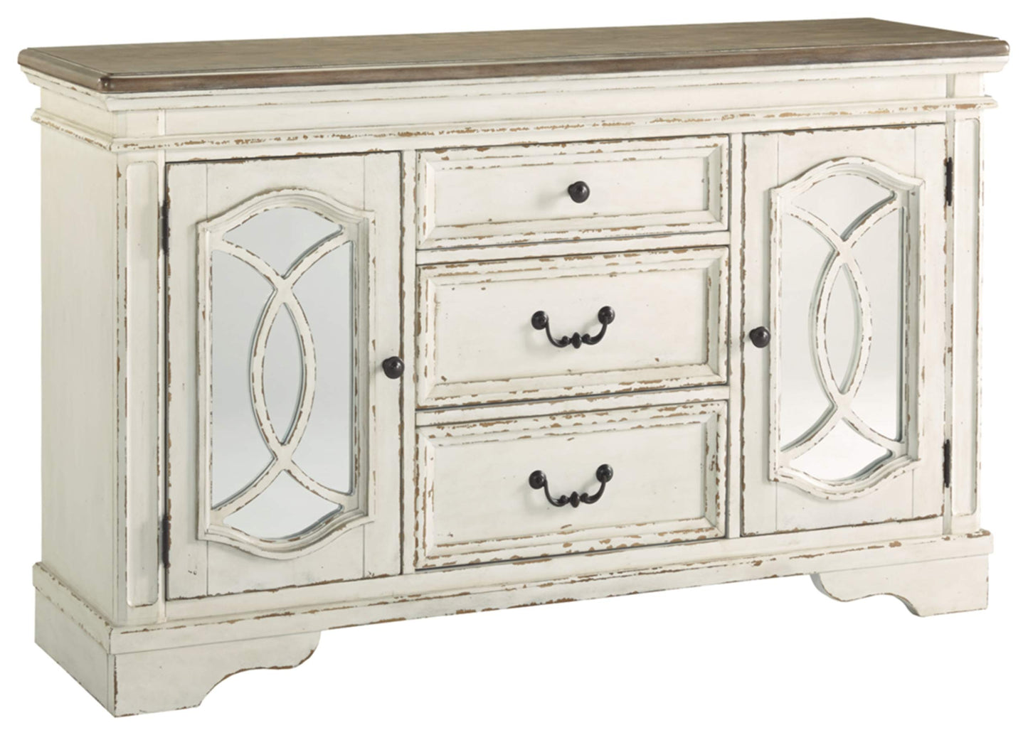 Signature Design by Ashley Realyn French Country Distressed Dining Room Server, 3 Drawers, 2 Cabinet Doors, Wood, 59" W x 17" D x 36.5" H, Chipped White