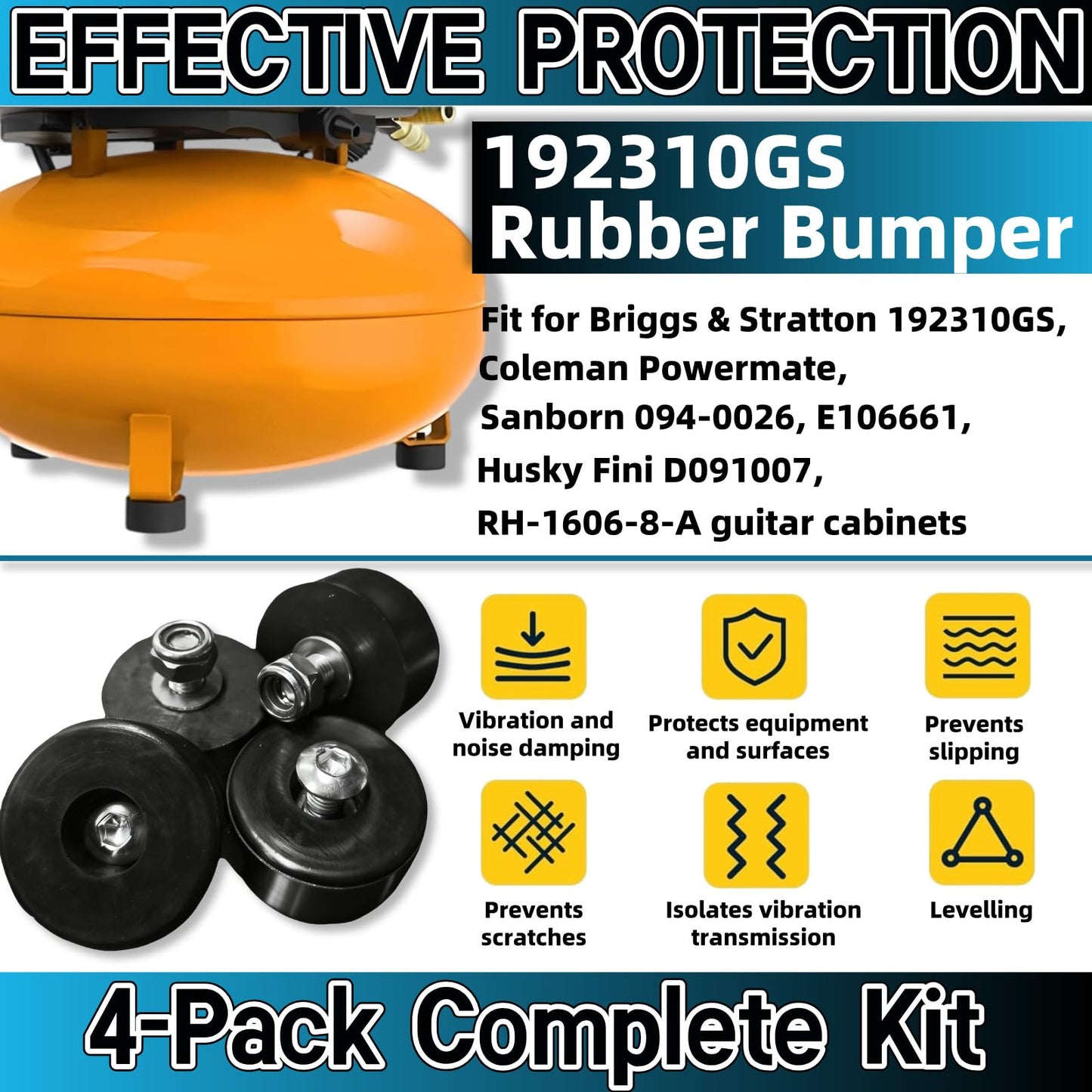 192310GS Anti Vibration Rubber Feet Pads (0.75"x1.5") 4PCS Rubber Dampers for Air Compressors,Generators,Pressure Washers|Compatible with Coleman Powermate 094-0026,Sanborn E106661,Husky Fini D091007