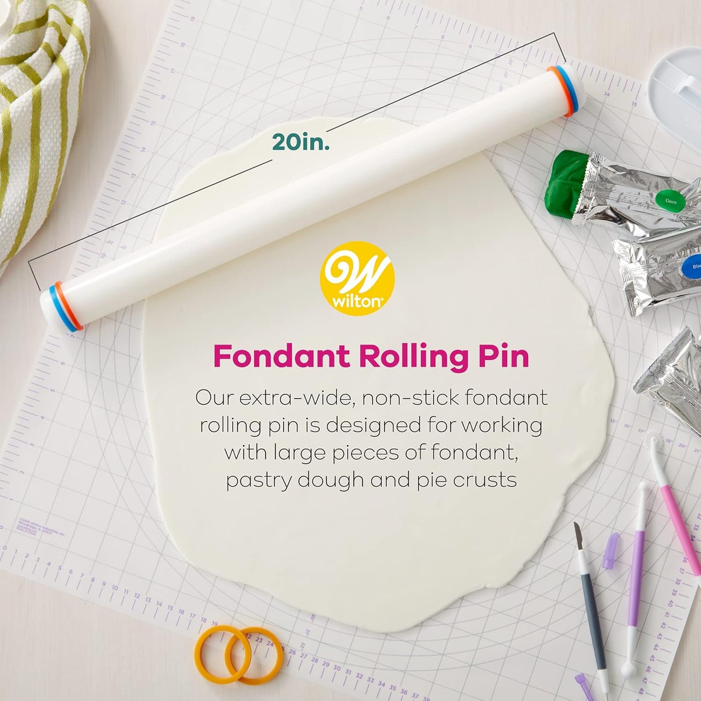 Wilton Large Fondant Rolling Pin - Perfect for Rolling Fondant on Tiered Cakes | 20-Inch with Guide Rings