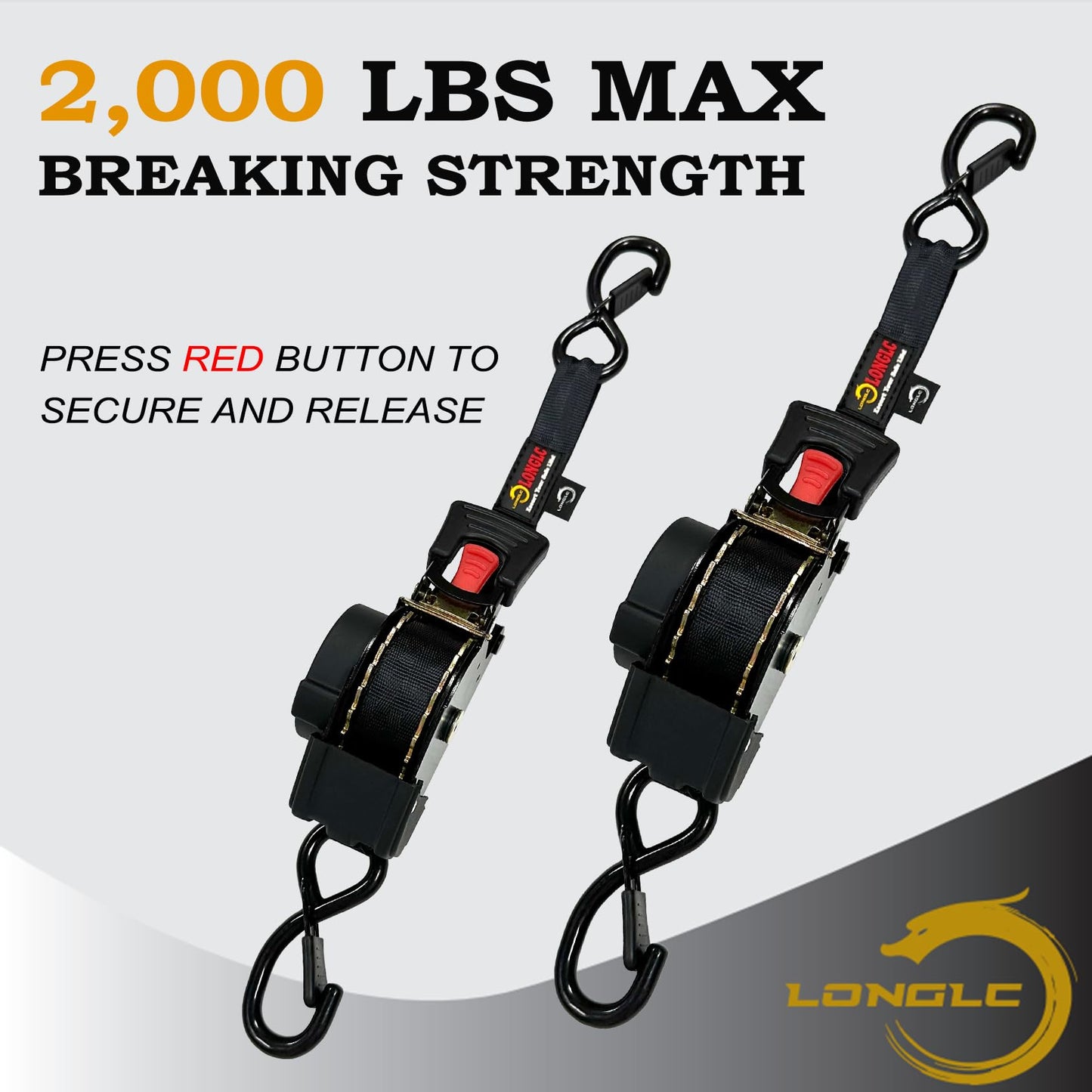 LONGLC 4-Pack Retractable Ratchet Straps Black Heavy Duty - 1 Inch X 10Feet with Soft Loops, 2,000lbs Breaking Strength - Best for Trucks, Cargo Trailer, Motorcycle, Tie Down Straps Ratchet