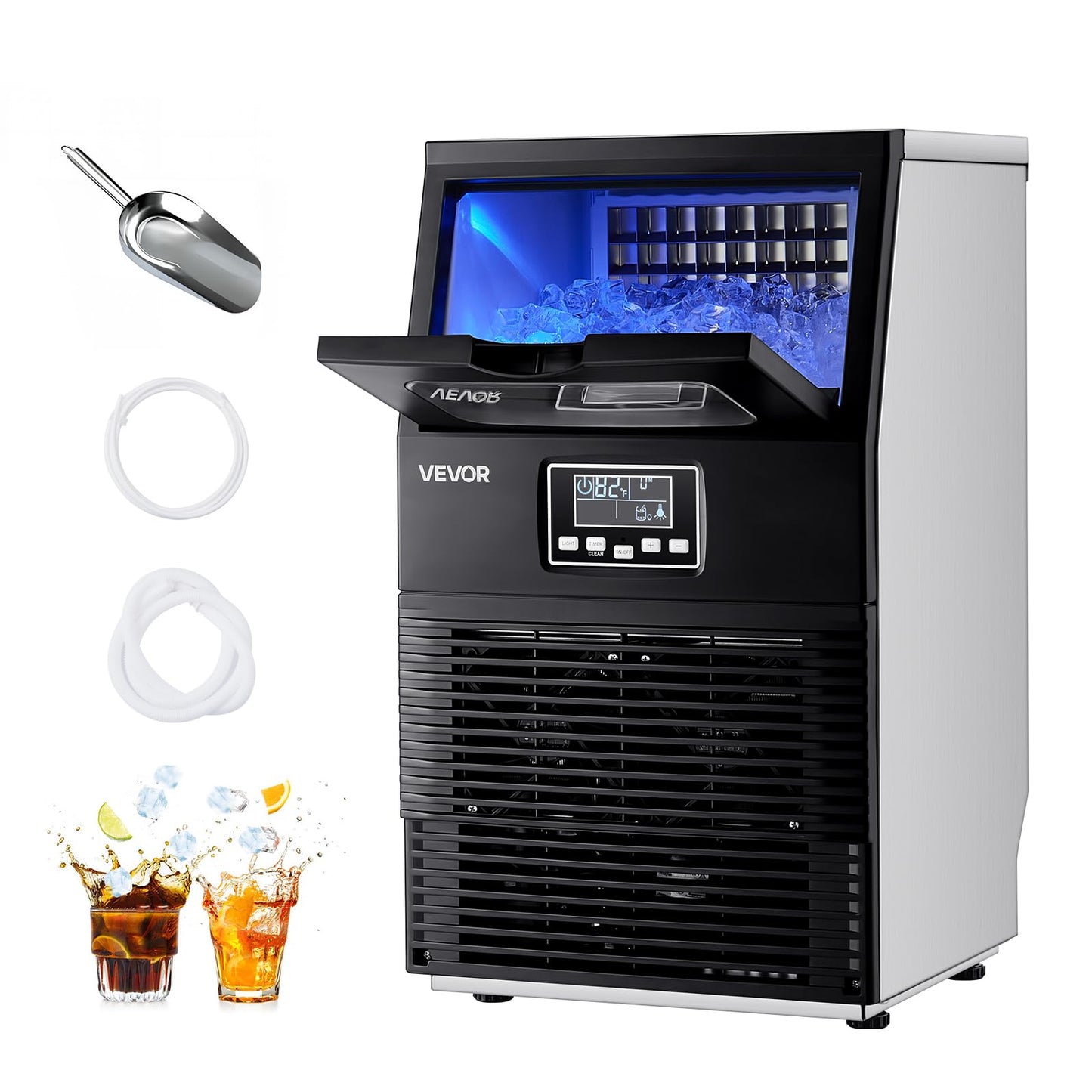 VEVOR Commercial Ice Maker Machine, 80 lbs/24h with 12Lbs Storage, 32 Cubes per Cycle, Stainless Steel Freestanding & Countertop Ice Maker with LED Display & Self-Cleaning, for Home Bar Restaurant