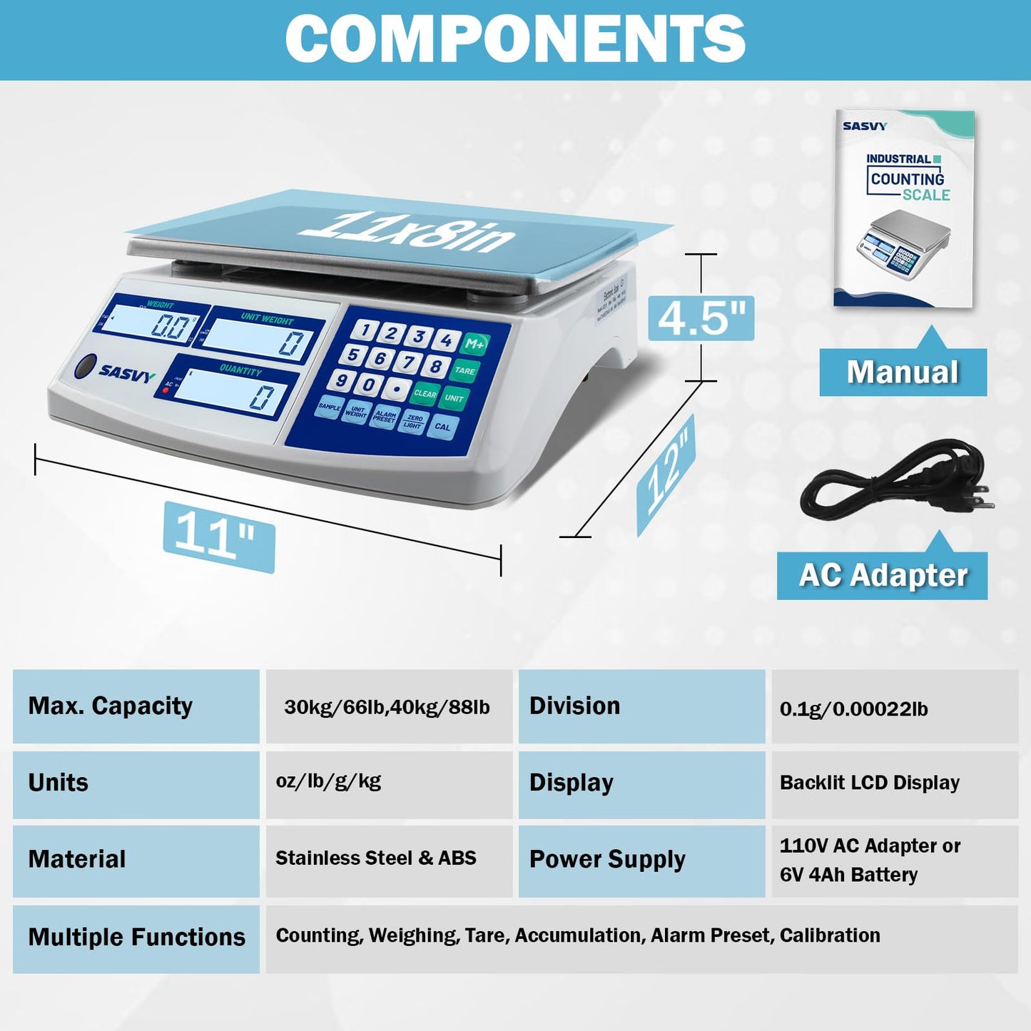 SASVY Counting Scale (66lb/30kg, 0.1g) lb/oz/kg/g Industrial Digital Inventory Scale with Battery for Small Parts, Coins, Pieces, Tickets