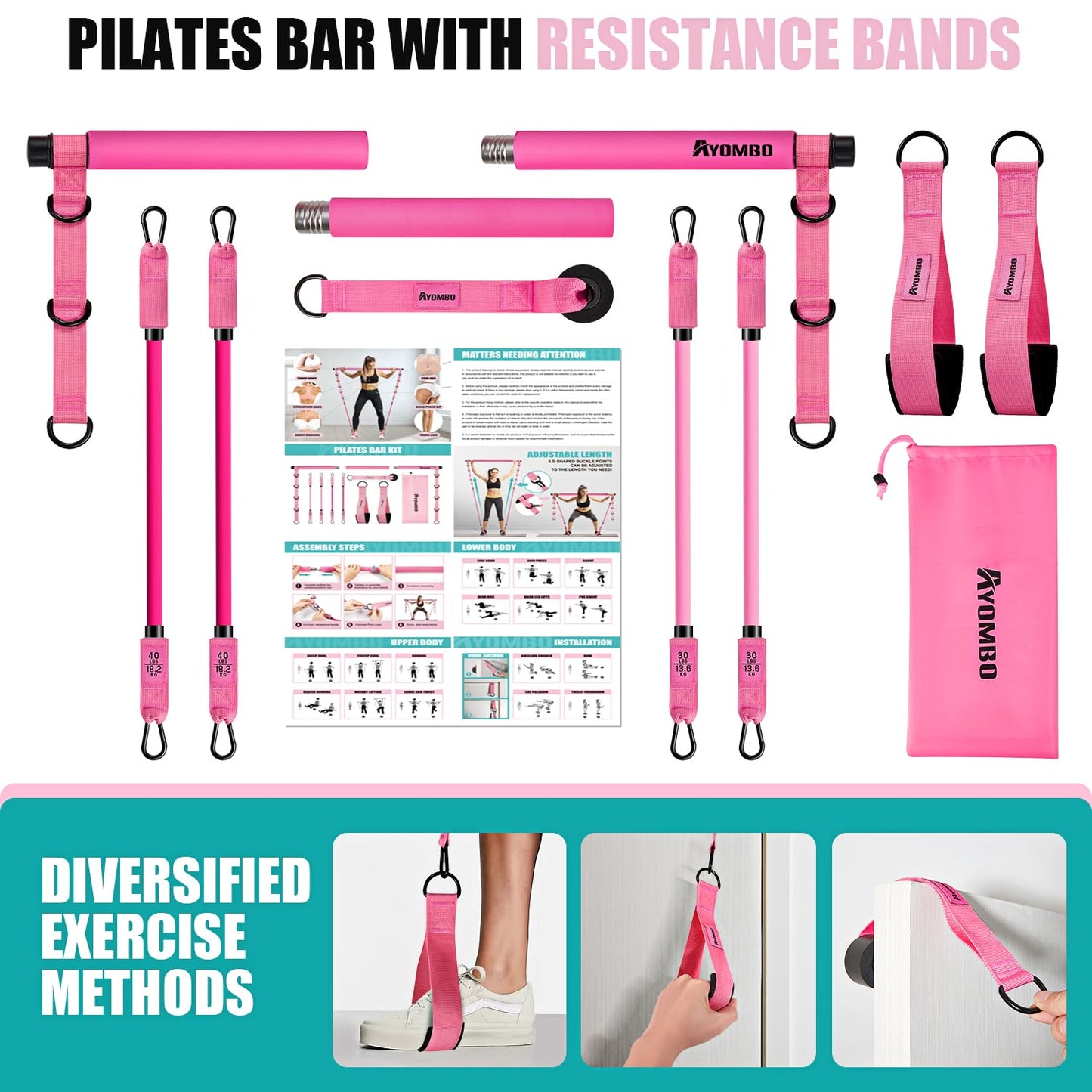 Ayombo Pilates Bar Kit with Resistance Bands, Adjustable Pilates Equipment for Legs, Hip, Waist, Arm, Squats Exercise Equipment for Home Gym Workouts, 3-Section Pilates Bar Kit for Women & Men