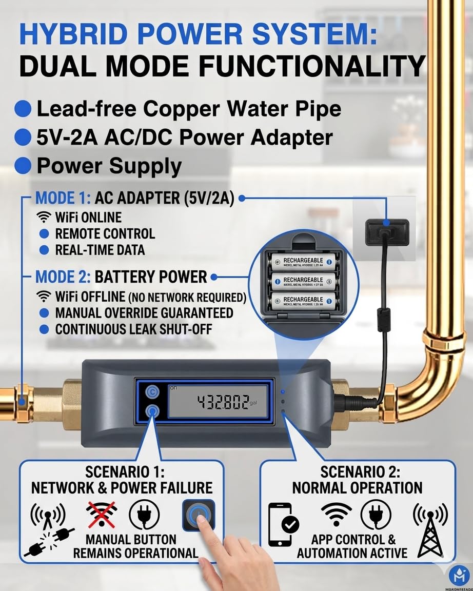 Haozee WiFi Smart Water Valve and Auto Shut-Off, Automation Scene Works with Leak Detector, Water Flow Meter, Built-in Battery, for 3/4" Diameter DN20 Pipe