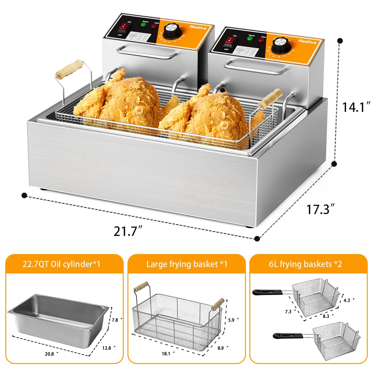 Electric Deep Fryer 3400W Hot 22.6QT/24L Commercial Deep Fryers with 3 Baskets Countertop Oil Fryer for Restaurant Use and Home Kitchen with One - Touch Switch & Temperature Contro