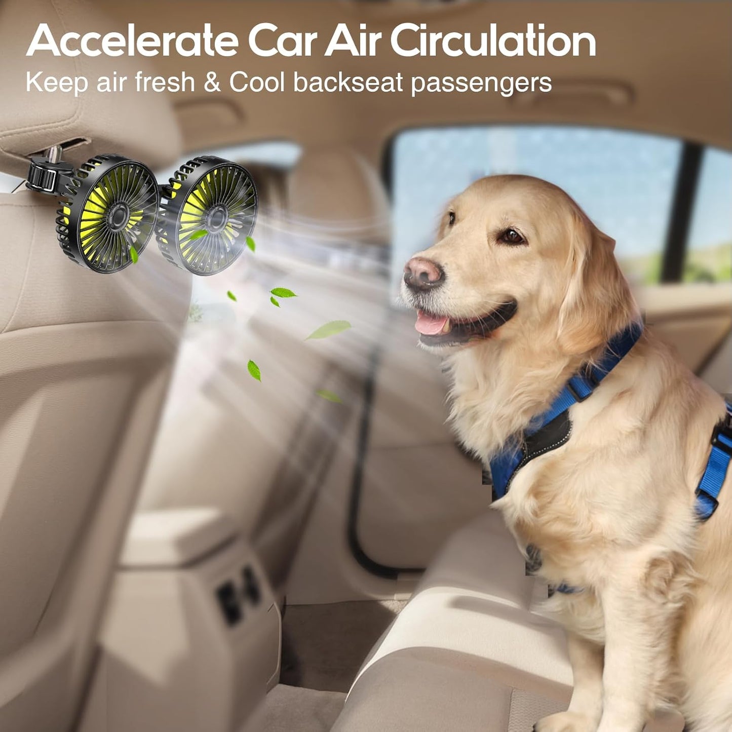360 Dealswin Car Fan for Backseat kids, Dual Head USB Car Seat Fans, Rotatable Strong Wind Rear Headrest CarFan