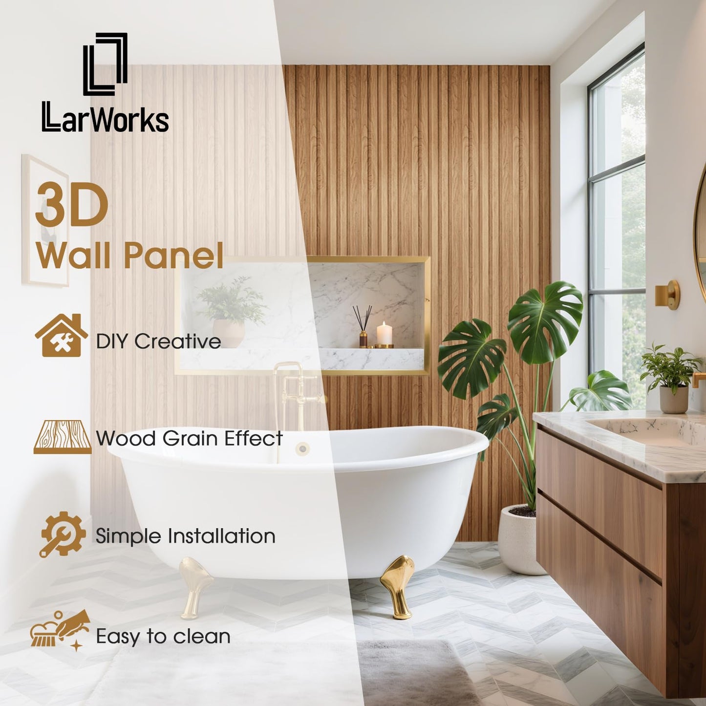 LARWORKS WPC Slat Wall Panels 8 Pack 96" x 6.6", Waterproof Fluted Wall Paneling, Accent 3D Wall Panel for Wall Decor, Bathroom, Bedroom, Office - High Grille Elm (Cover Approx.35 sq.ft)