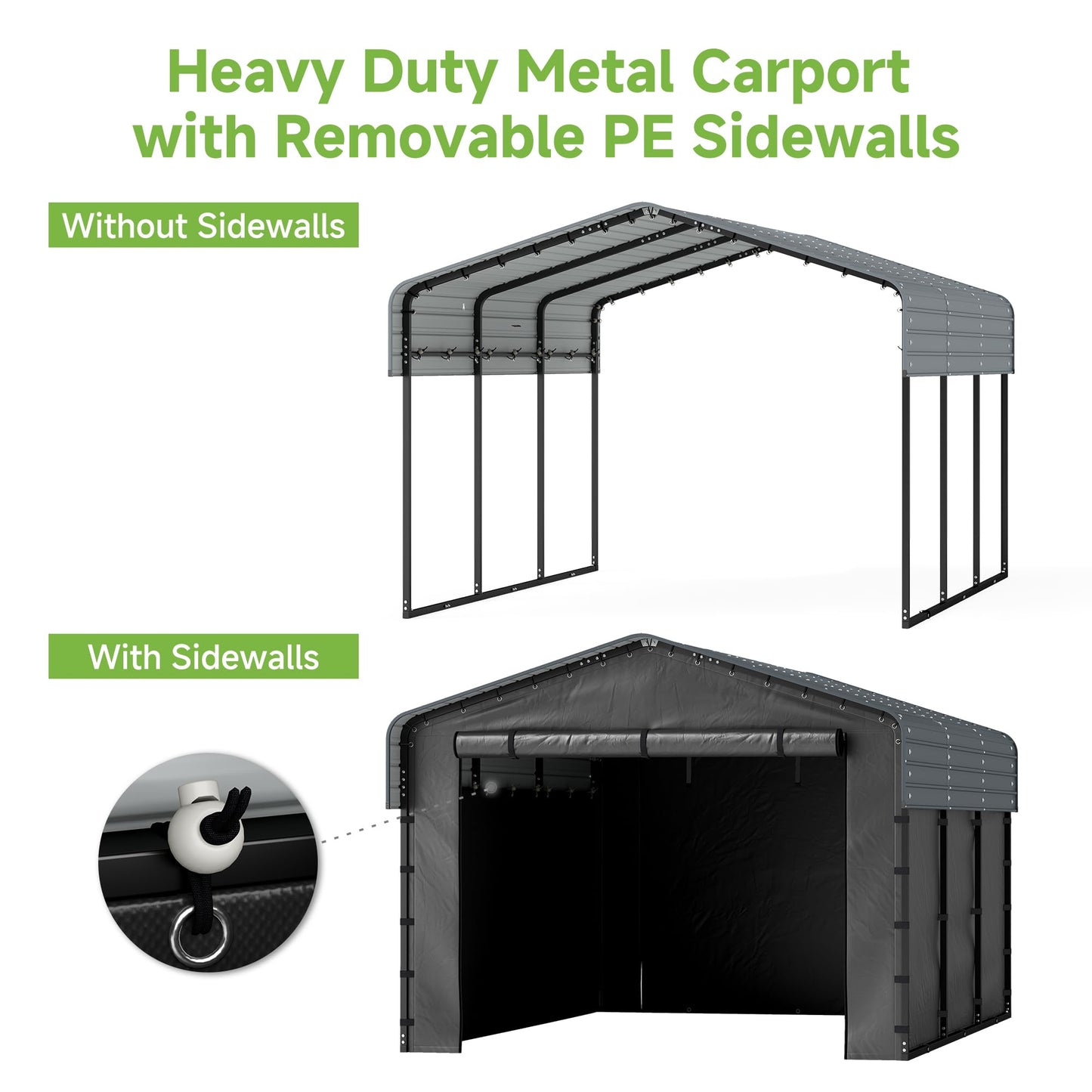 10x15FT Heavy Duty Metal Carport,Outdoor Garage with Removable Sidewalls & Doors, Heavy Duty Steel Frame and Galvanized Roof for Cars and Boats, Gray