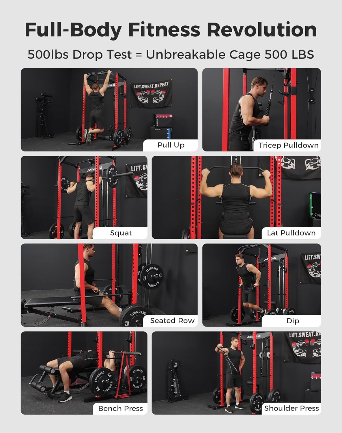 Mikolo F4 2.0 Power Cage with Dual-Track Smooth Pulley System, 1200LBS Power Rack with Leg Hold-Down for Heavy LAT Pulldowns, All-in-One Squat Rack with More Training Attachments for Home Gym (Red)