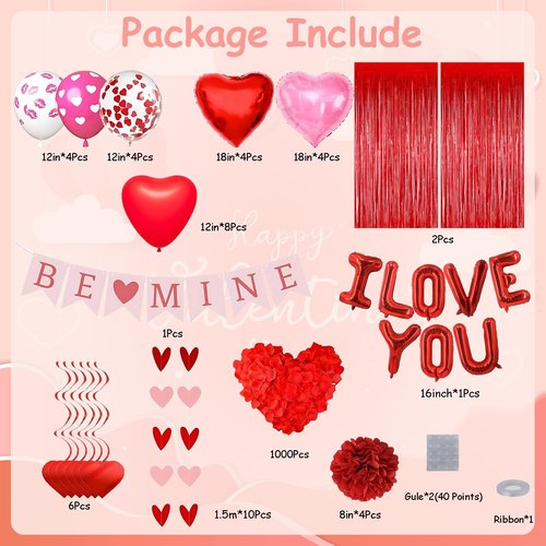 DBKL I Love You Balloons, Surprise for Girlfriend, I Love You Pink Red Heart Balloons With 1000 Pcs Dark-Red Rose Petals for Marriage Proposal Wedding Anniversary Valentine's Day