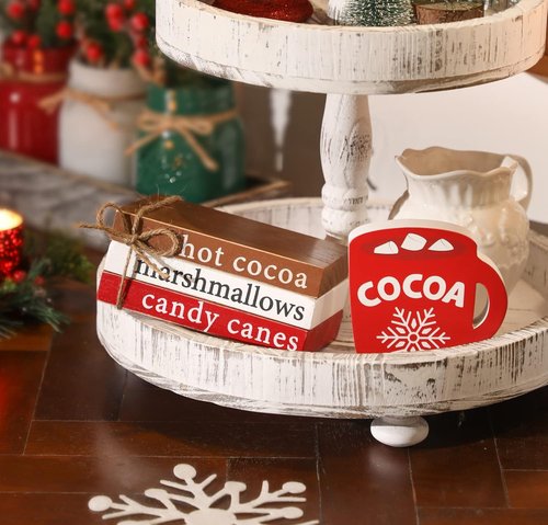 KORMMCO Christmas Wood Decor - Hot Cocoa Decorative Book Stack for Tiered Tray | Mini Faux Book Decor