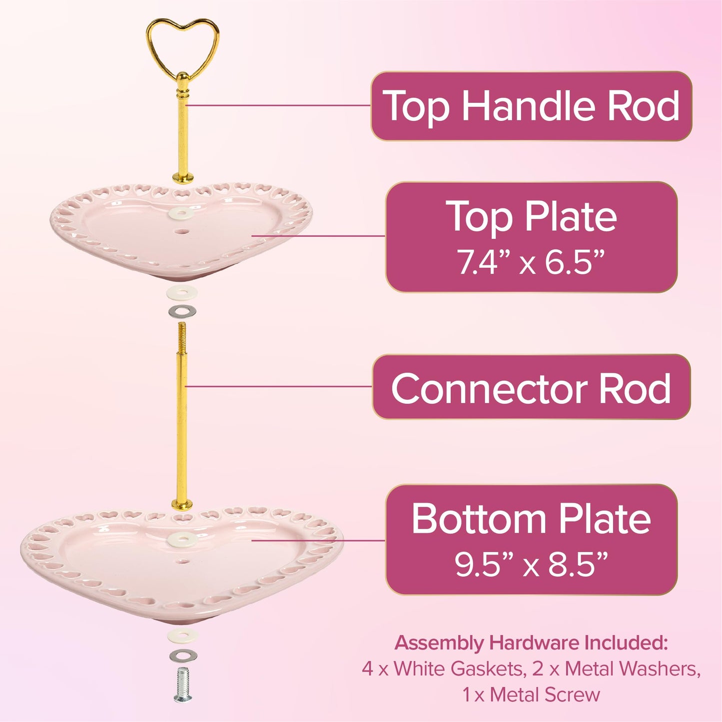 Paris Hilton 2-Tier Heart Serving Tray, Iconic Ceramic Stoneware with Metal Handle, Easy Assembly for Stylish Display, 9-Inch and 7-Inch Plates, Pink