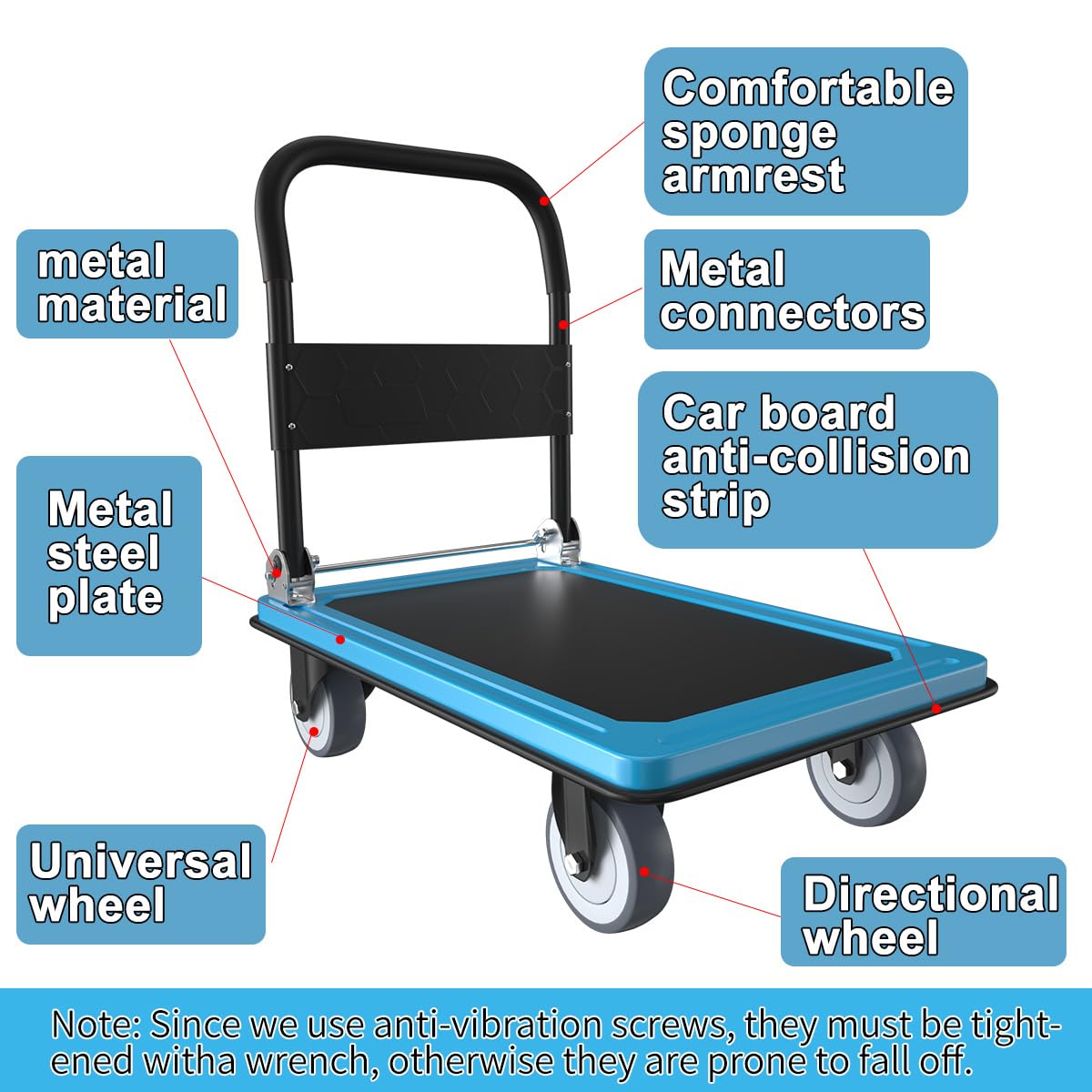 WUD Push Cart, Folding Mobile Platform Trolley,Thickened and Reinforced, 360° Swivel Wheels,36 “L x 24 ”W, 1100 lb. Blue Dolly cart with Wheels