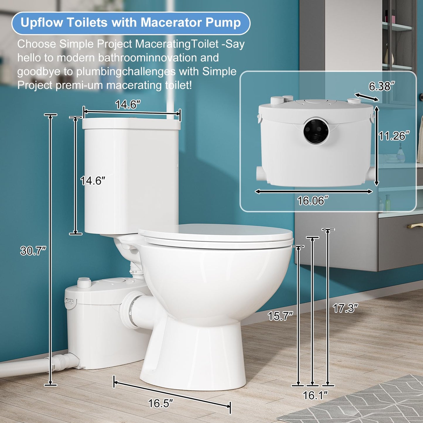 Simple Project 750W PRO Macerating Toilet System - High Powerful, Upflush Toilet for Basement with 4 Water Inlet & Attics, Dual Flush Toilets with Macerator Pump, Quiet Operation, Space Saving