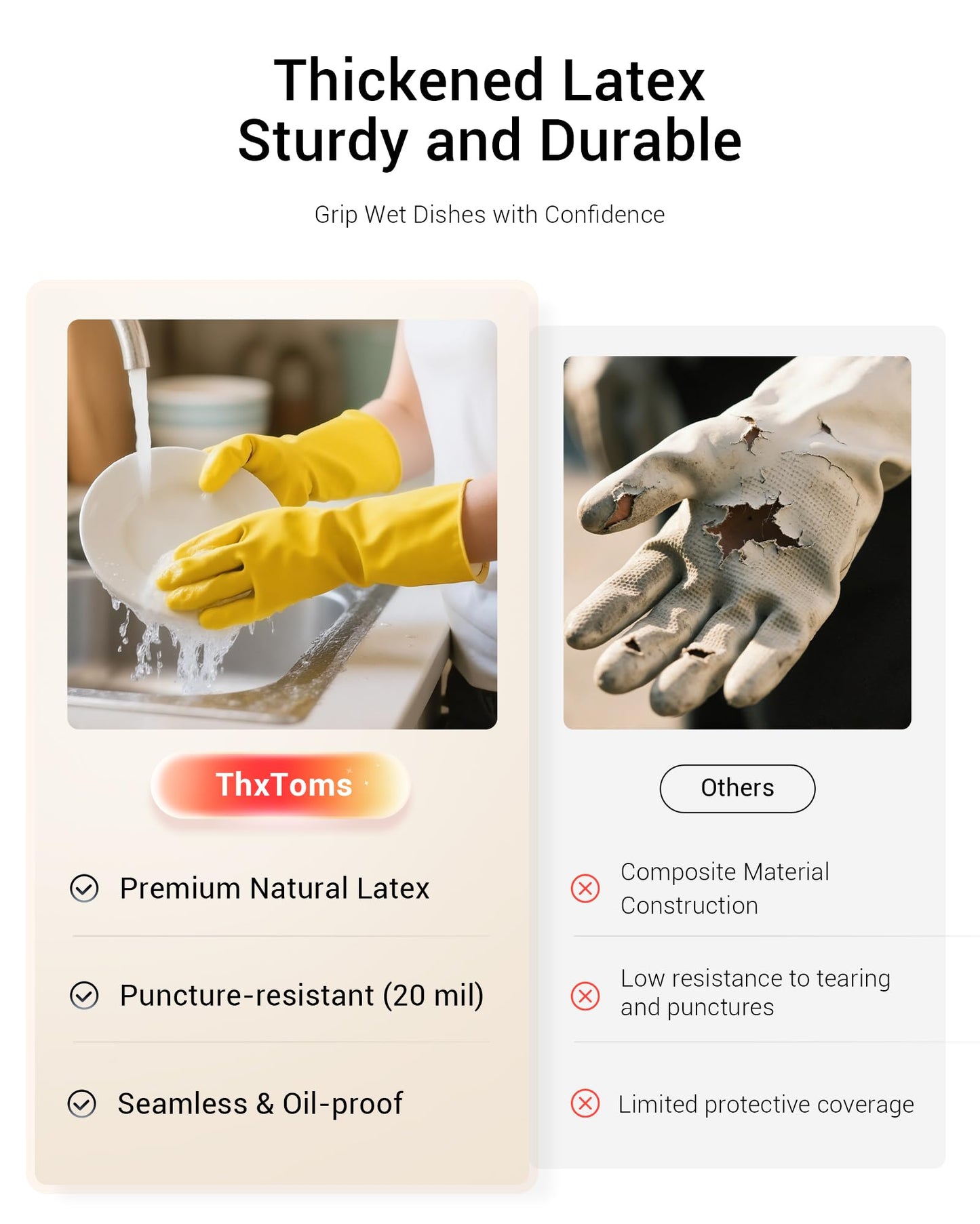 ThxToms 10 Pairs Heavy Duty Rubber Cleaning Gloves, 20 Mil Extra Thick & Long-Lasting, Reusable Household Dishwashing Gloves, Non-Slip Grip for Bathroom, Kitchen, Gardening, Pet Care, 13inch, M