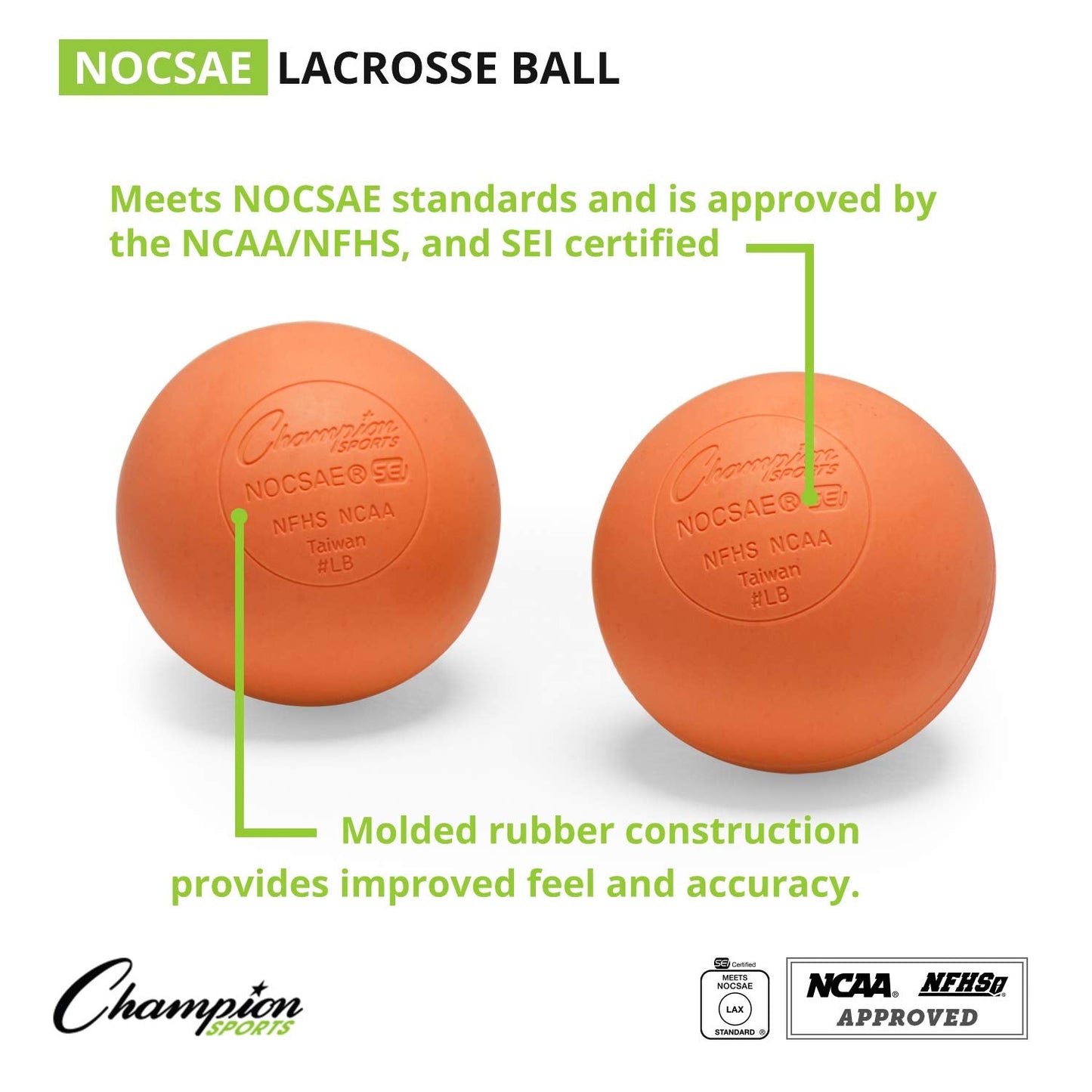 Champion Sports Orange Lacrosse Balls, Official Size - NCAA, NFHS & SEI Certified, 2 count (Pack of 1)